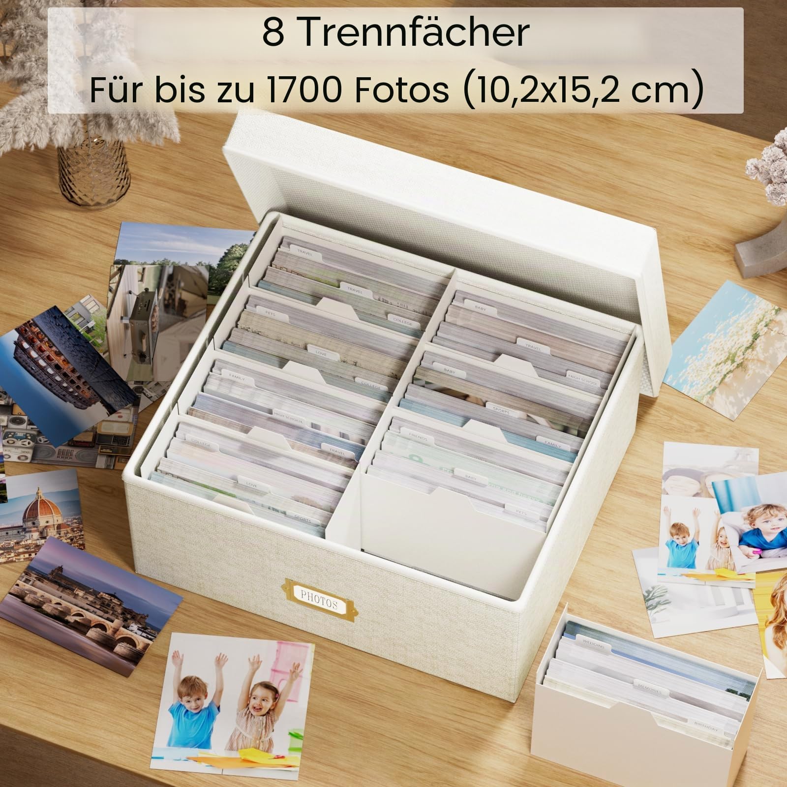 Dekorative Foto-Aufbewahrungsbox, Leinen-Fotobox für 1700 Bilder à 10 x 15 cm, Beige