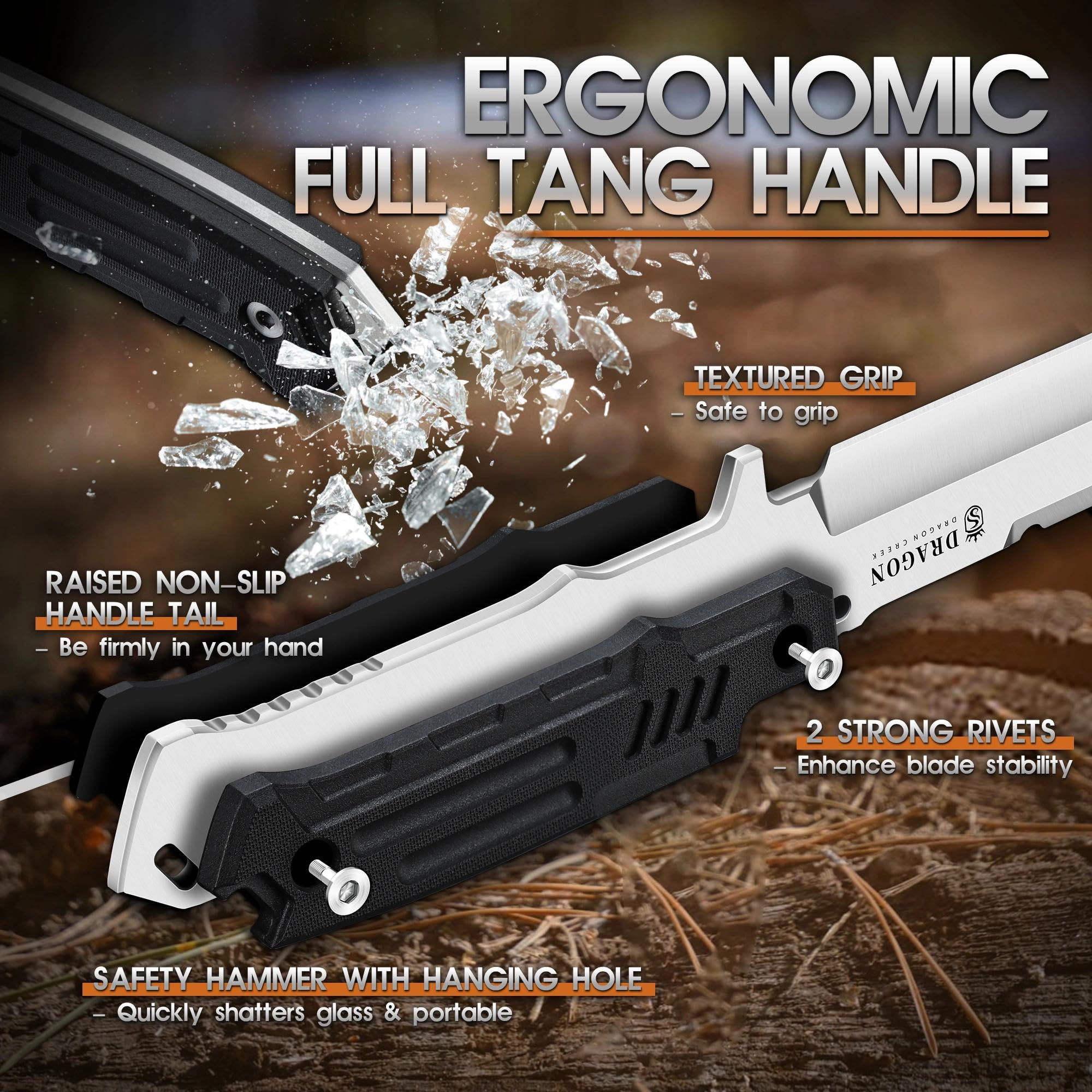 Dragon Creek Coltello Outdoor a Lama Fissa Full Tang, Impugnatura Ergonomica Antiscivolo, Fodero in Kydex Regolabile, Coltello da Campeggio per Escursionismo e Attività Outdoor(Argentato)