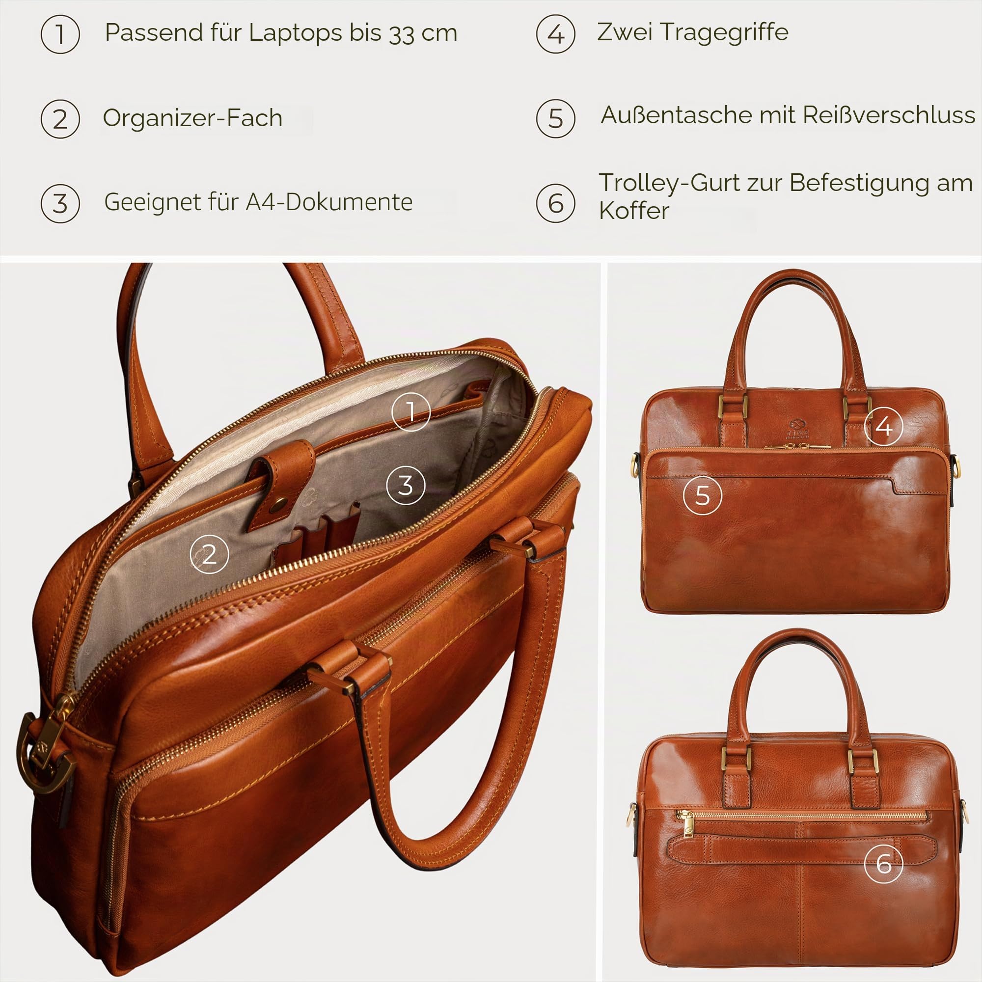 Time Resistance Aktentasche Leder Laptoptasche mit Schultergurt - Handgefertigt in Italien - Arbeitstasche - Businesstasche - Umhängetasche