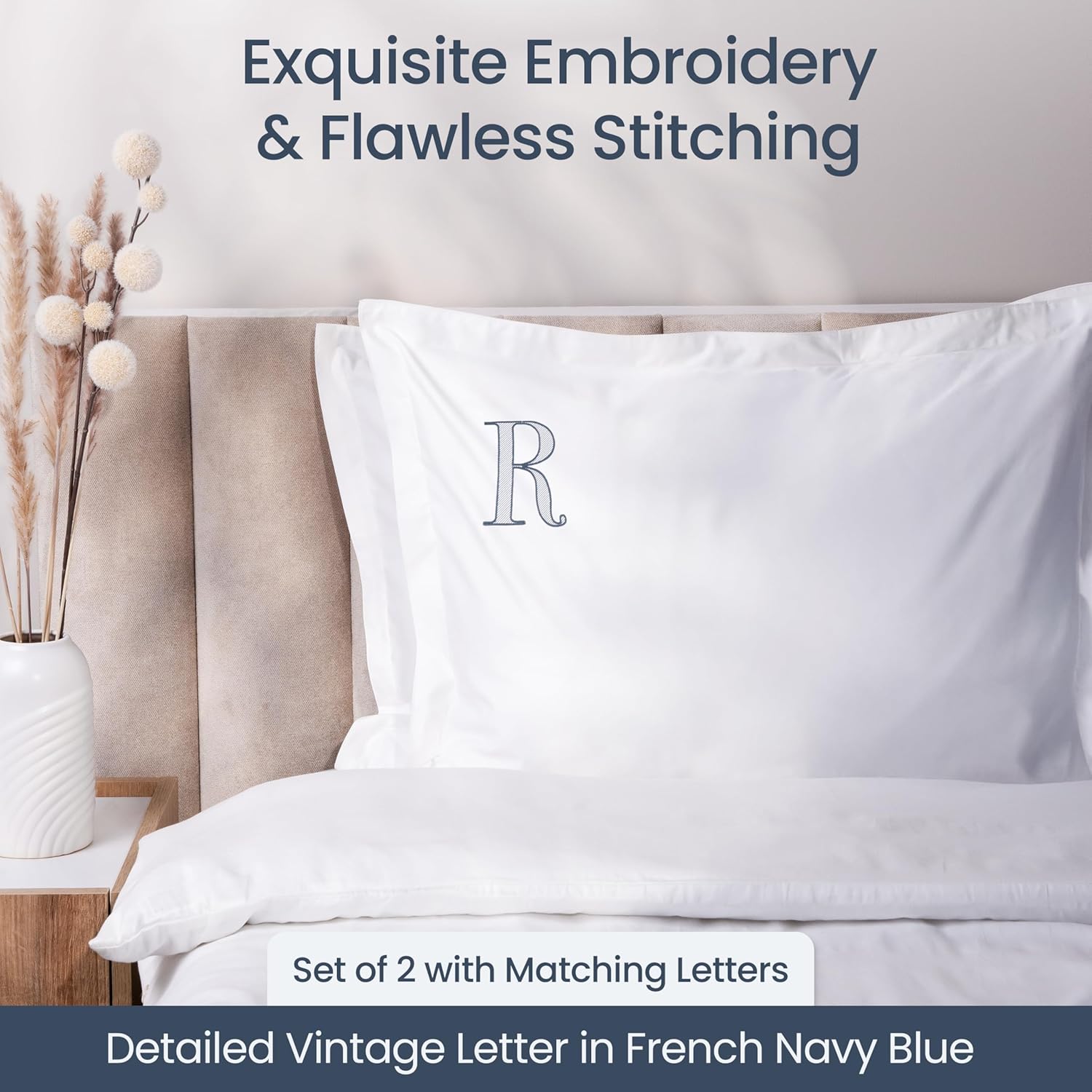 Monogrammed Pillow Shams - Elegant Decorative Pillow Covers with Signature Embroidery - Crisp & Cooling Cotton Percale - Personalized Embroidered Design - US Standard Pillowcase Size in White - R