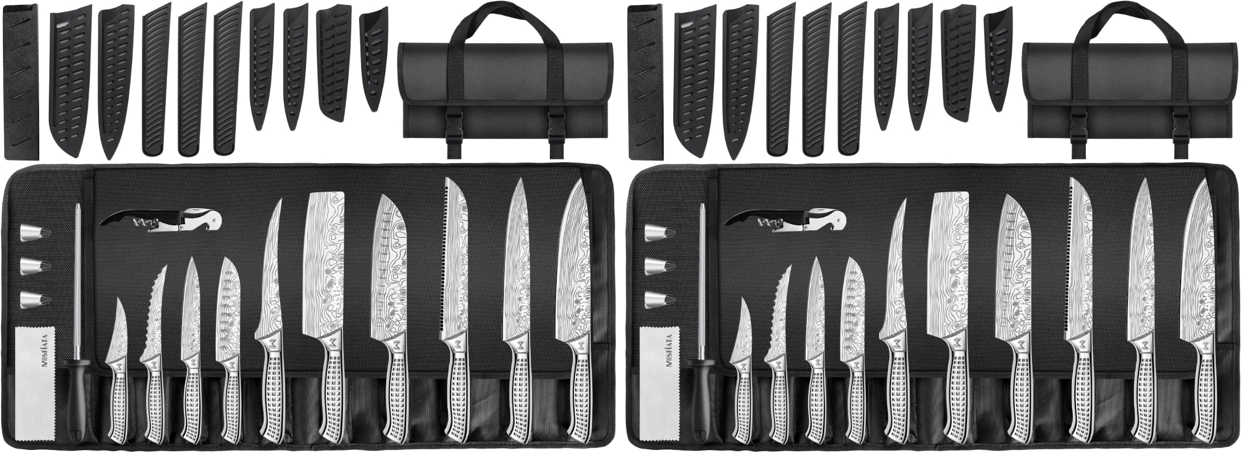 MOSFiATA Set Coltelli da Cucina Professionali con Borsa per Coltelli, Fodero e Affilacoltelli, Coltello da Cucina per Picnic Campeggio Barbeque, 17 Pezzi (Confezione da 2)