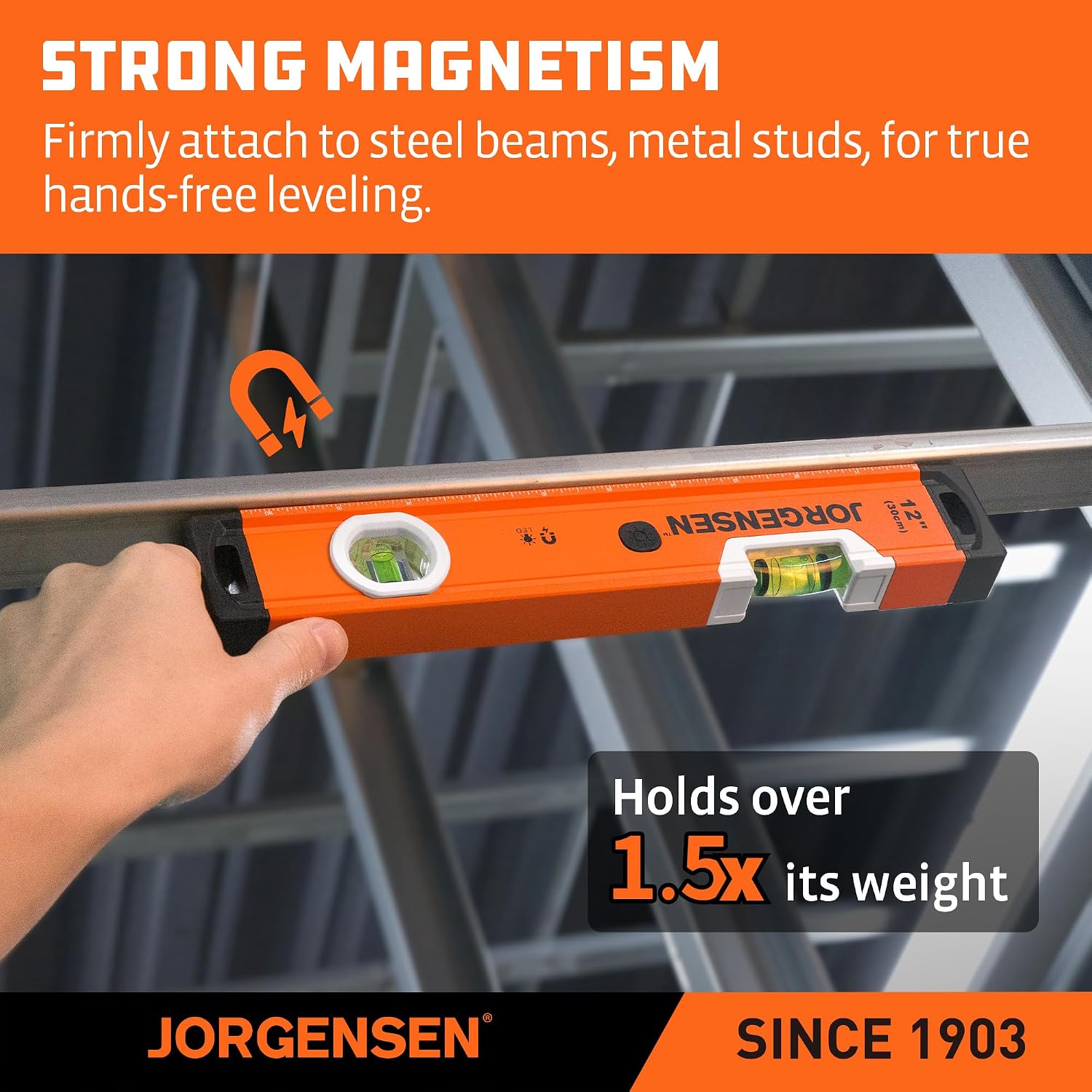 JORGENSEN 12" Magnetic LED Box Level, 90°/180° Torpedo Lighted Leveler Tool | Lighted, Illuminated LED Bubble Level, Dual Ruler, 0.029° Accuracy, Magnetic Base, Aluminum Body, for Mounting TVs & Shelves