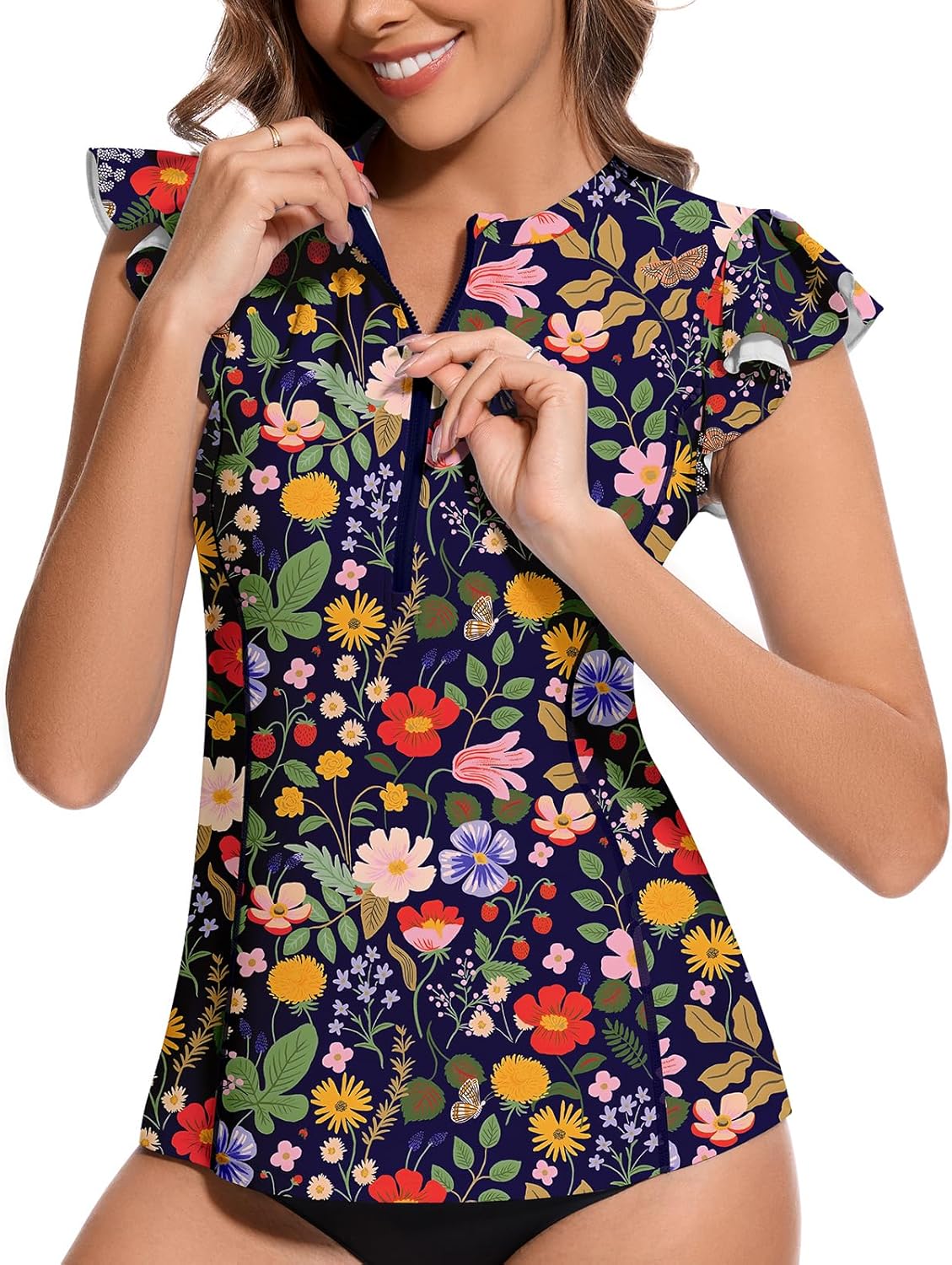 WOWENY Women’s Swim Shirts Rash Guard UPF 50 Sun Protection Zipper Tankini Tops Ruffle Sleeve Bathing Suit No Bottom