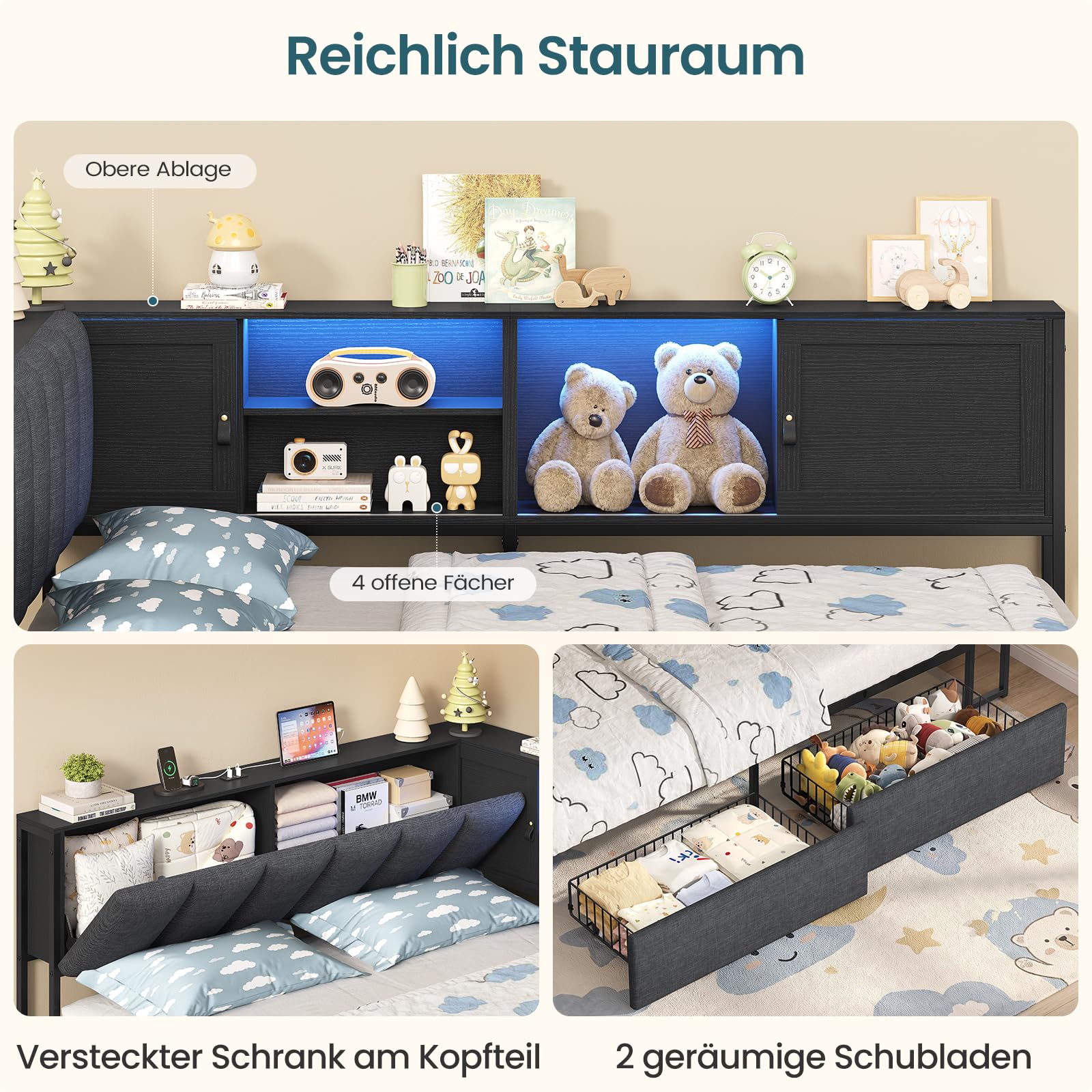KIMENICH Polsterbett Schlafsofa 140x200 cm, Jugendbett 140x200 cm mit LED-Beleuchtung und Ladestation, Tagesbett mit 2 Schubladen, Seitenschrank mit Schiebetüren, Kopfteil mit Stauraum, Schwarz