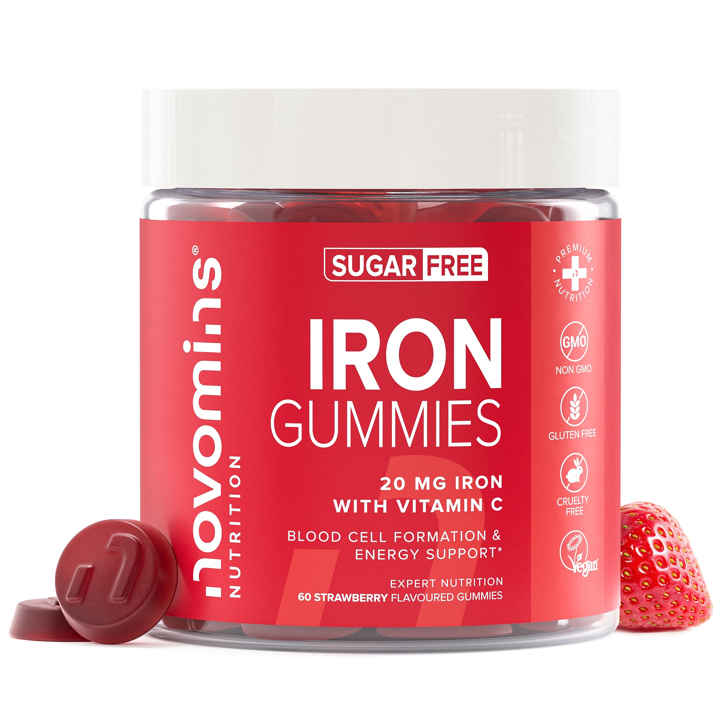 Iron Gummies with Vitamin C - Sugar Free - 1 Month Supply - 20mg with 24mg Vitamin C - Immune System & Energy - Alternative to High Strength Tablets - Iron Supplements for Women & Men - Novomins