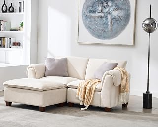VESCASA Modern Cloud Couch with Ottoman, 56.5 Inch Modular Sectional Sofa 2 Seat L-Shaped with Waterfall Armrest Cushion Back for Living Room, Apartment, Lounge, White Chenille