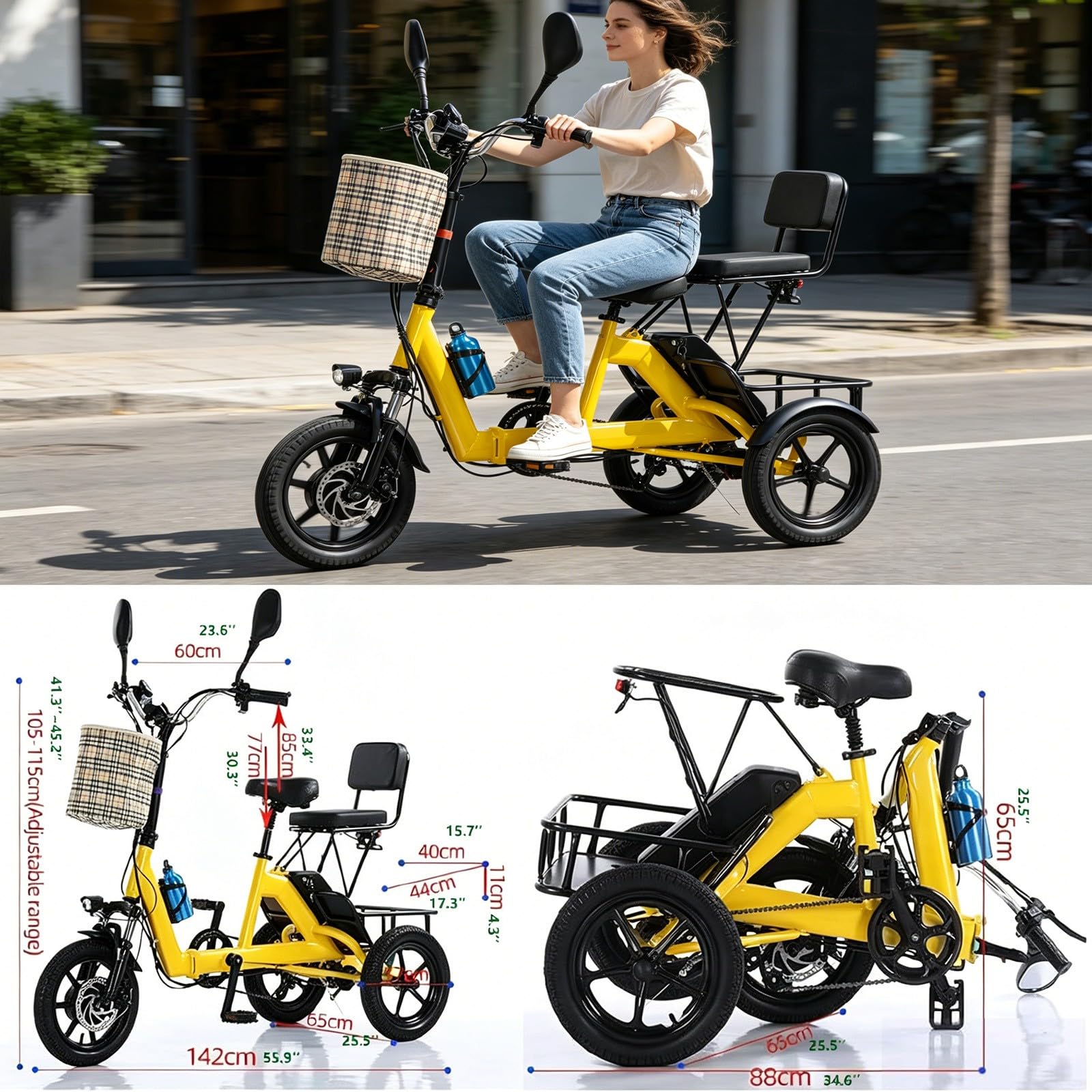 Bici Elettriche,Triciclo Elettrico,Triciclo Pieghevole,E-Bike A 2 Posti,Batteria Rimovibile,Bicicletta Elettrica A 3 Ruote con Telaio Ribassato,Triciclo per Adulti E Genitori Yellow
