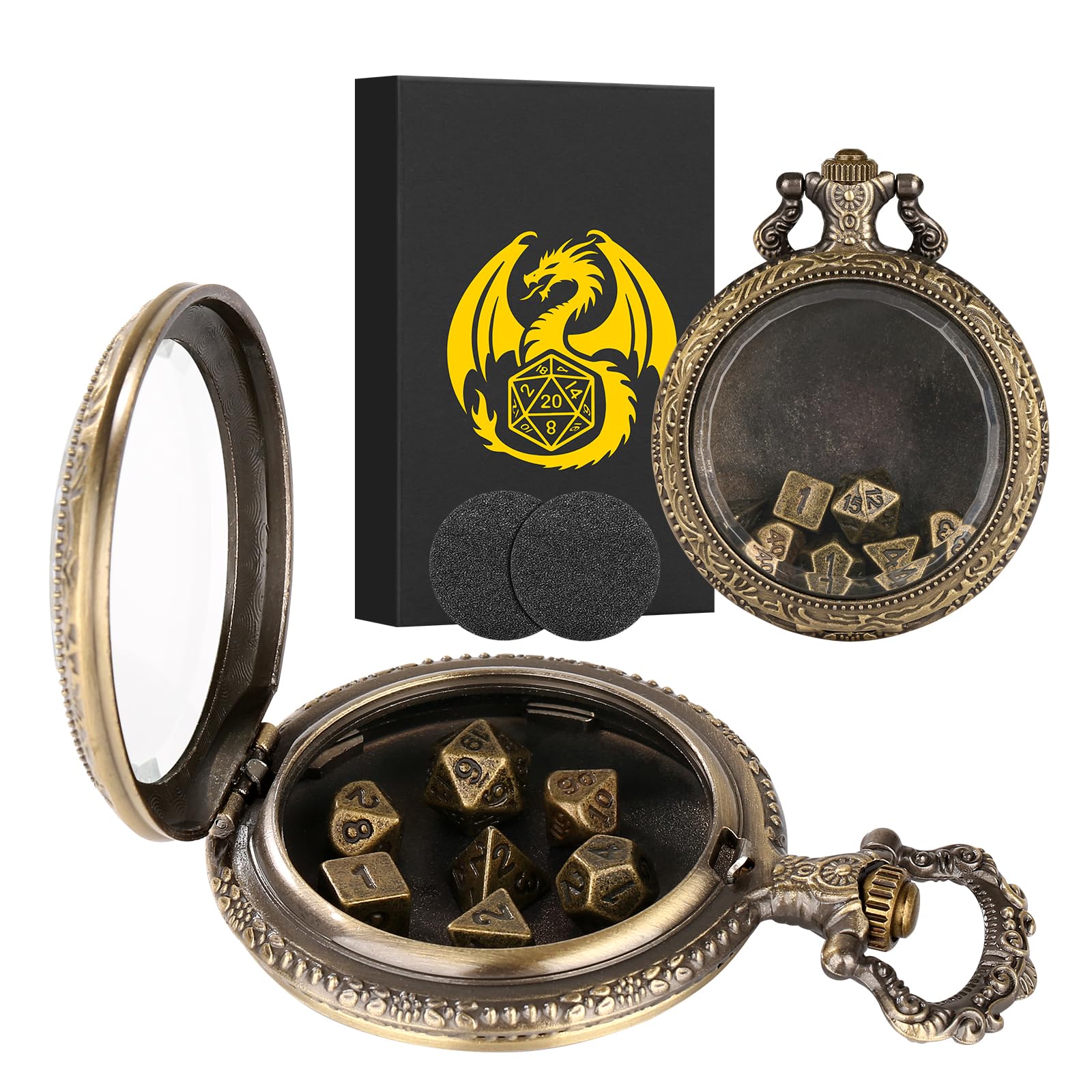 Mini juego de dados DND con carcasa de cristal transparente superior de bolsillo para reloj, 7 piezas de dados de metal poliédrico, regalos de Dungeons and Dragons con caja de regalo, accesorios de