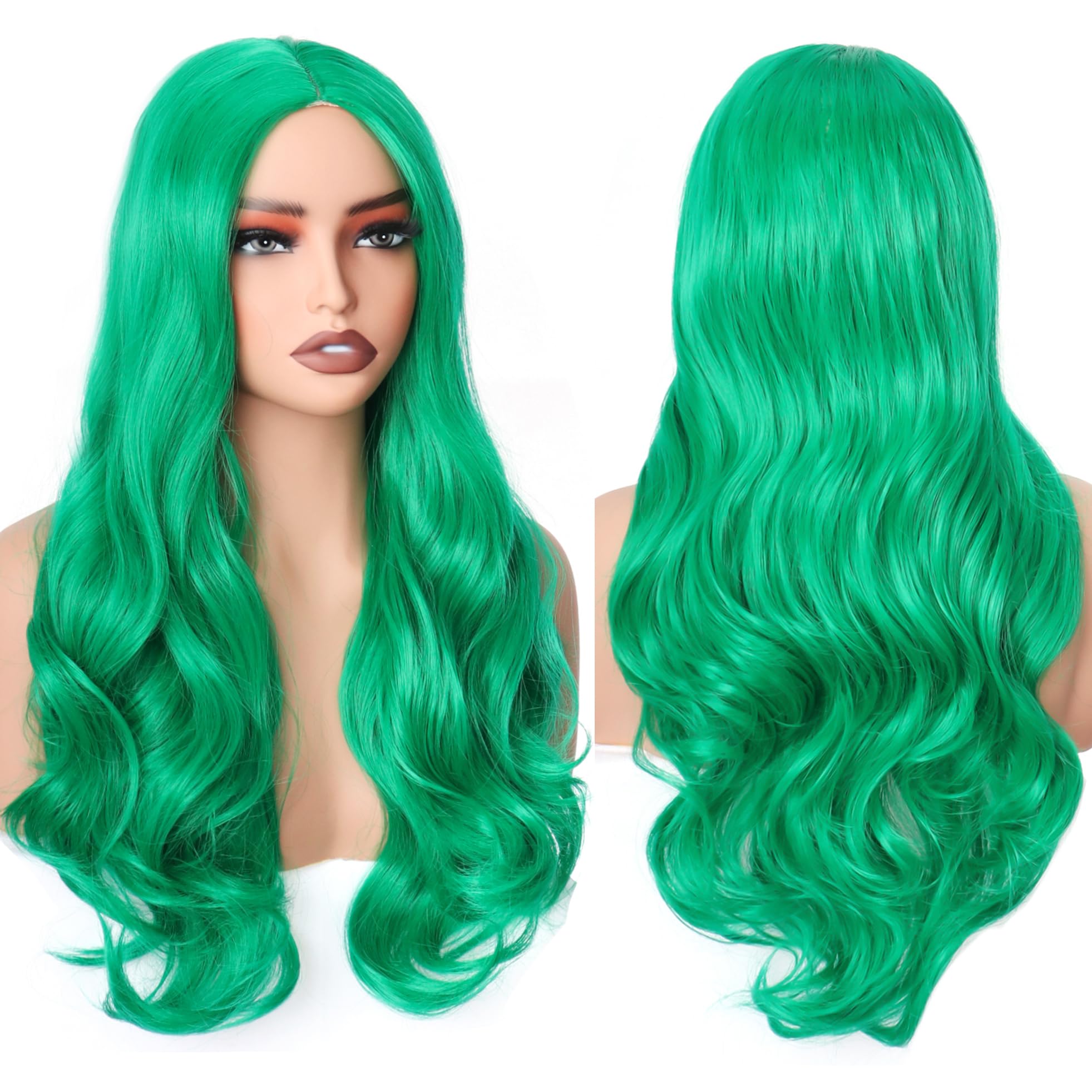 PORSMEER Wig Long Curly Wavy Wigs for Women Ladies with Middle Part Cosplay Fancy Dress Wig Synthetic Heat Resistant Hair Wigs Long Replacement Hair (Green)