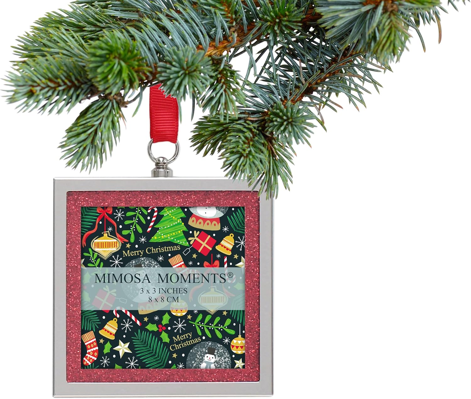 2-Pack 3x3 Silver Red Glitter Bling Picture Frame Ornaments image 2