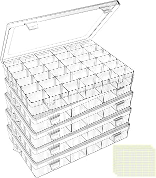 DILIBRA 5 Pack 36 Grids Large Plastic Organizer Box with Adjustable Dividers, Clear Craft Organizers Bead Organizers with Label Stickers, Compartment Container for Beads Crafts Jewelry Fishing Tackles