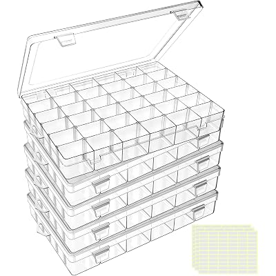 DILIBRA 5 Pack 36 Grids Large Plastic Organizer Box with Adjustable Dividers, Clear Craft Organizers Bead Organizers with Label Stickers, Compartment Container for Beads Crafts Jewelry Fishing Tackles