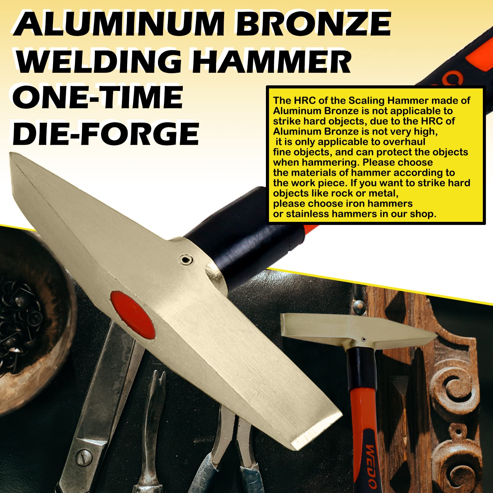 WEDO Welding Chipping Hammer with Fiberglass Handle,Non-Sparking Chipping Hammer,Slag Removal Tool,Aluminum Bronze,300g(0.7lb),Length 280mm(11"),BAM Certification - Image 3