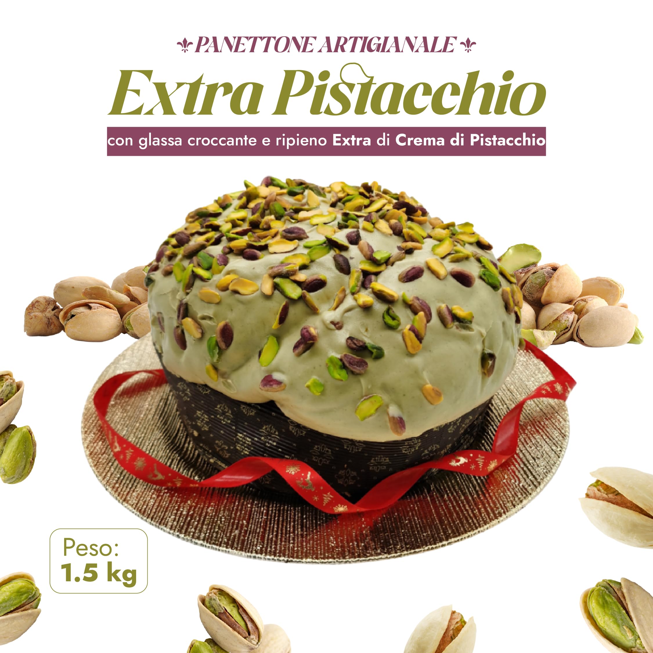 RACILIA Panettone Artisanal à la Pistache avec garniture EXTRA 500g | Avec crème de pistache et glaçage croquant | Levage lent 36h avec levure mère et ingrédients naturels | 1,5kg