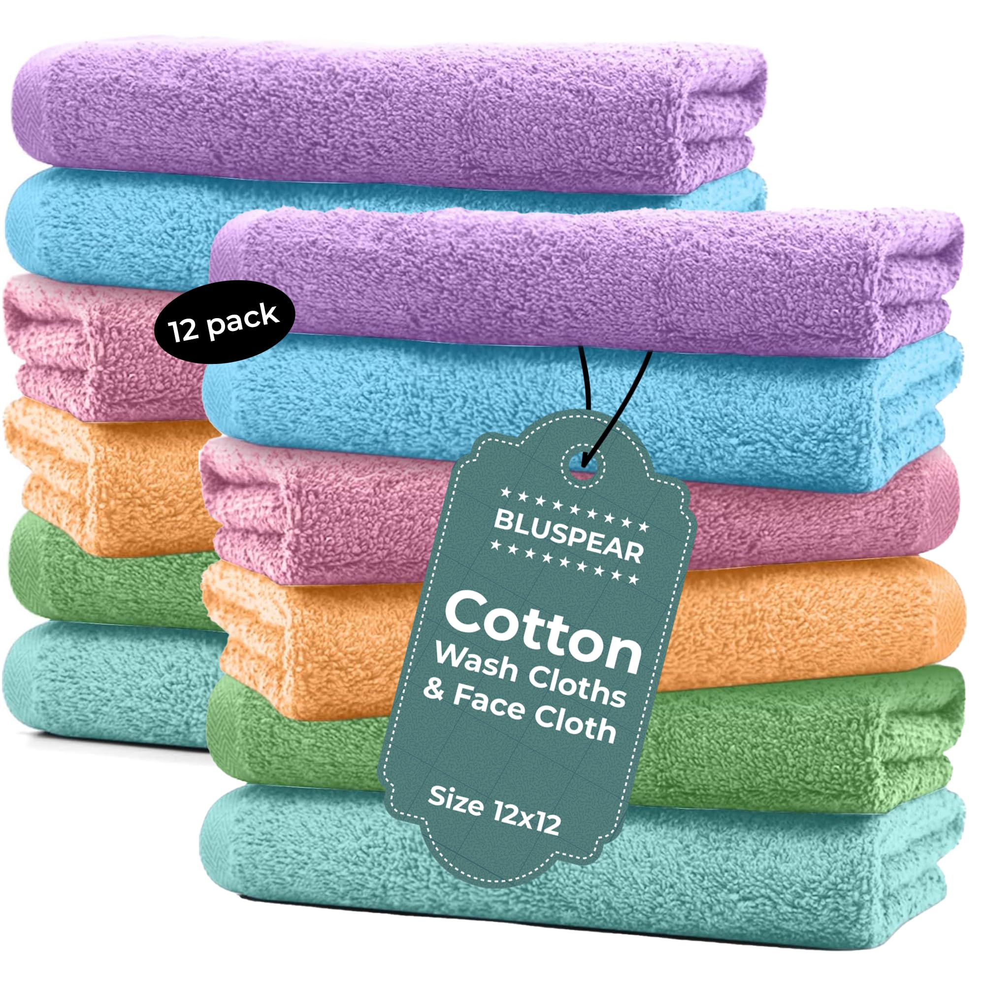 12 x 12 Inches Assorted Color (Light) Wash Cloths Bulk, 12 Pack Face Cloths, Hand Towels for Bathroom, Cotton Washcloths Set, Soft Cleaning Rags for