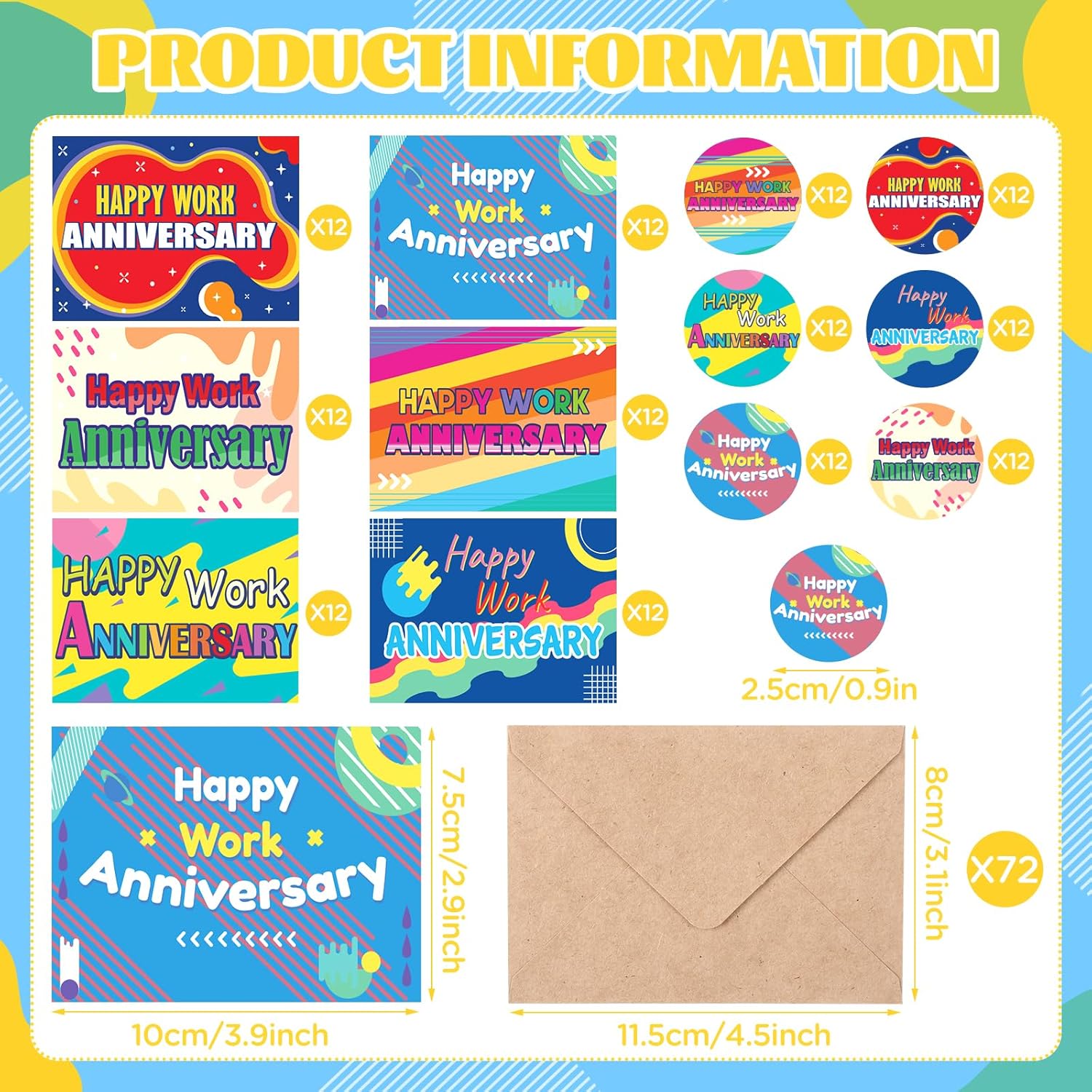 72 Sets Happy Work Anniversary Cards Employee Anniversary Appreciation Card Gifts Business Thank You Cards with Envelopes and Stickers for Work Team Staff Office Anniversary Appreciation
