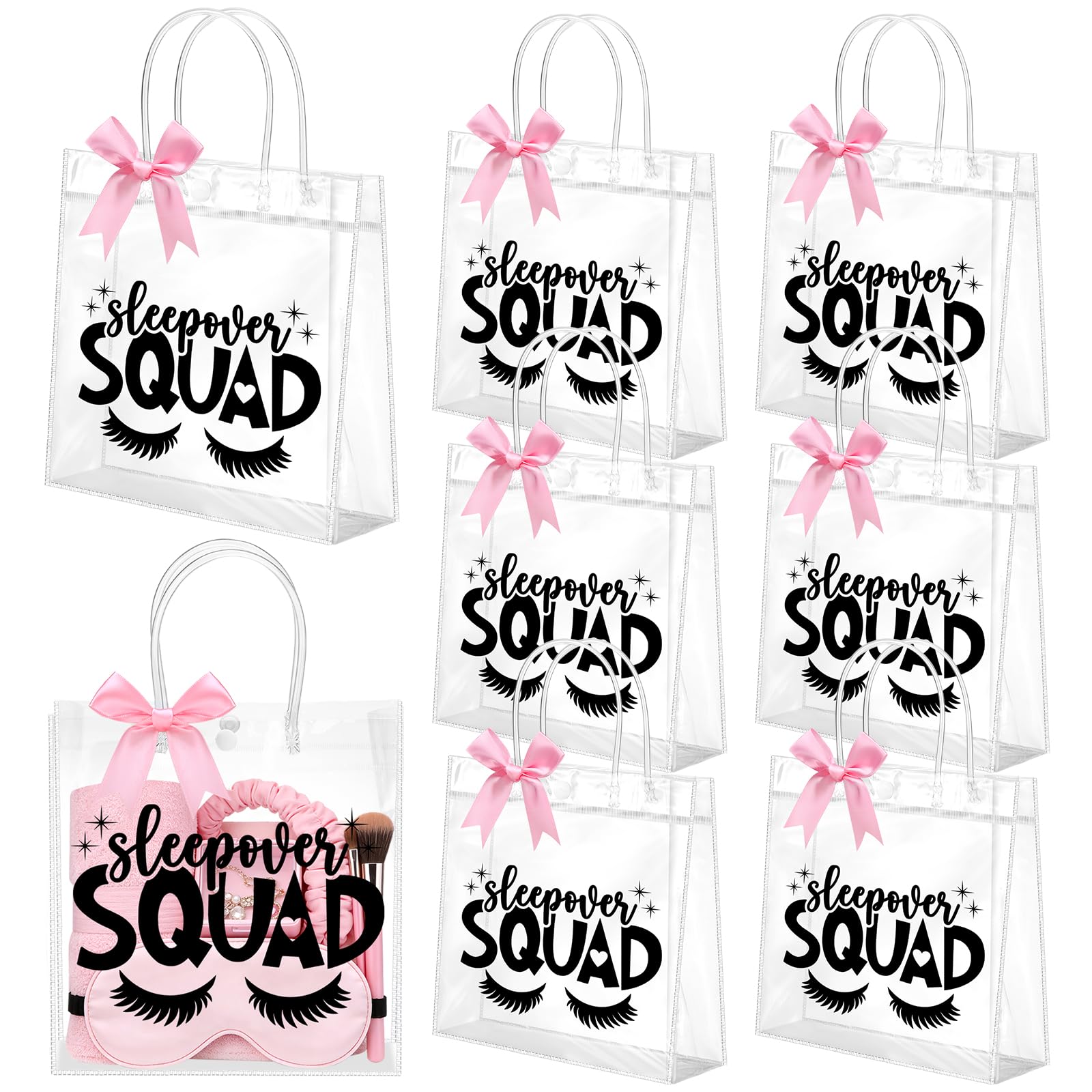 Vicenpal 6 Sets Clear Sleepover Gift Bag with Handles 6 Pcs Pink Bows PVC Plastic Spa Party Treat Goodie Snack Bags Sleepover Squad Theme Party Favors for Birthday Slumber Parties, 7.9 x 7.9 x 3.1''
