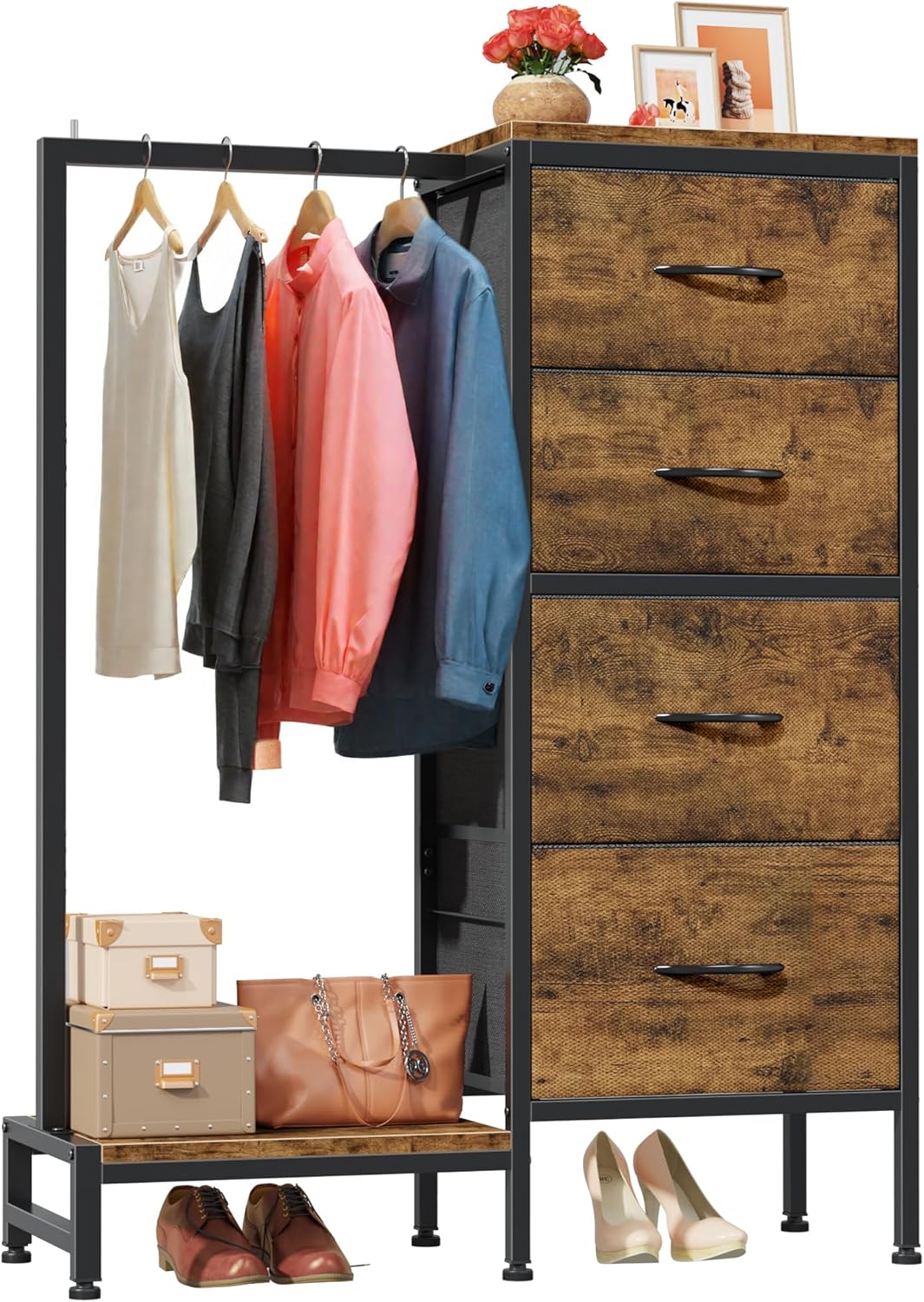 Product image of Dresser with Hanging Rack, 4 Drawers Small Closet for Bedroom, Reversible Fabric Kids Chest of Drawers with Clothes Rack, Tall Storage Tower, Sturdy Frame, Rustic Brown, 44''H