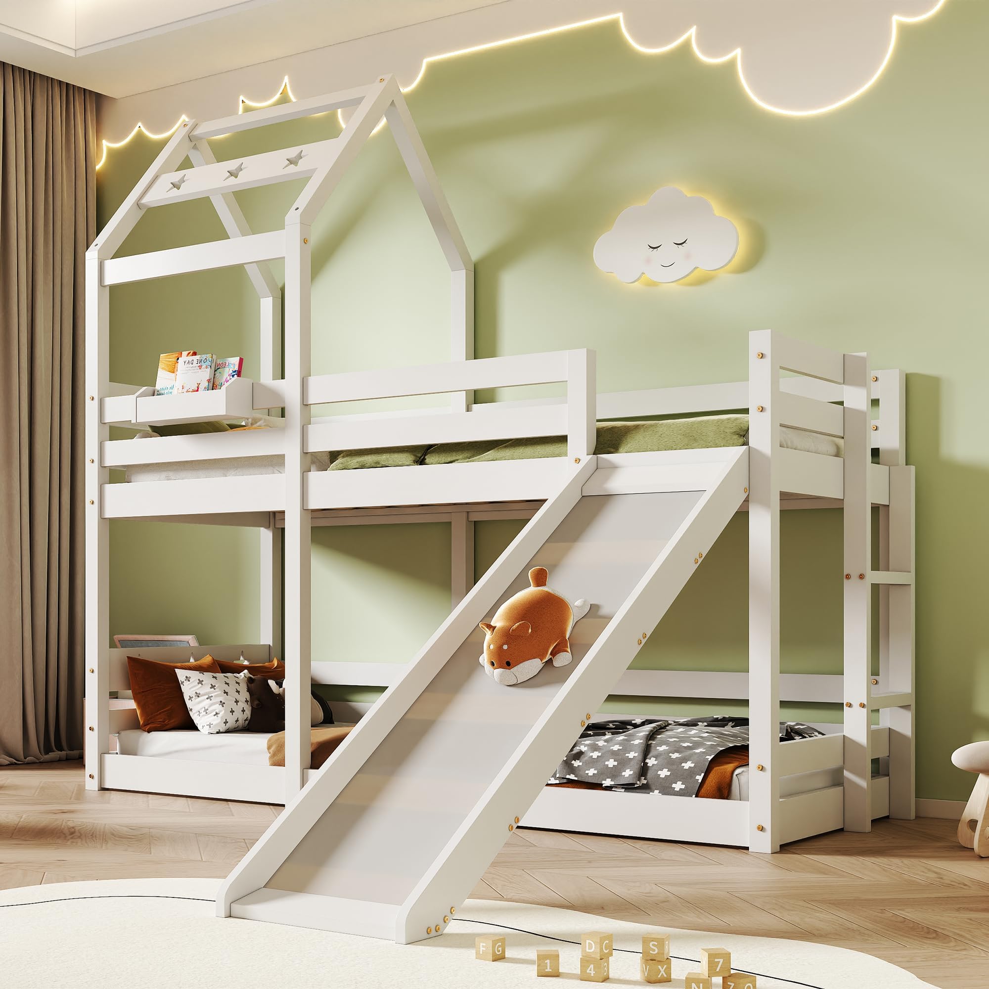 LTGB 3FT Bunk Beds for Kids, Wooden Bunk Bed Treehouse With Slide & Ladder 90 X 190 Cm, 3ft Cabin Bed For Children - 2x Slatted Frame - White【UK Fast Delivery】