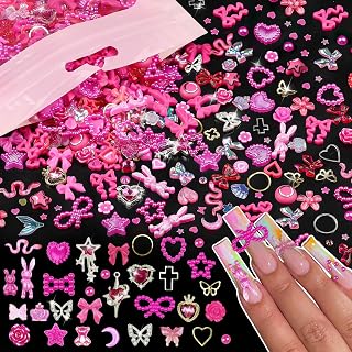 650Pcs Cute 3D Nail Charms and Gems, Pink Rabbit Bow Charms Alloy Butterfly Heart Star Nail Jewels with Nail Rhinestones, Mixed Gold Nail Studs Charms and Glitter Nail Sequins for Nail Art (Hot Pink)