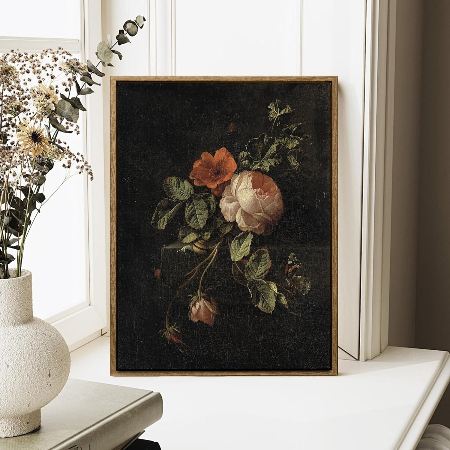 Framed Vintage Canvas Wall Art, Floral Rose Retro Pictures Wall Decor, Farmhouse Floral Canvas Prints for Living Room Bedroom Home Decor 11x14in