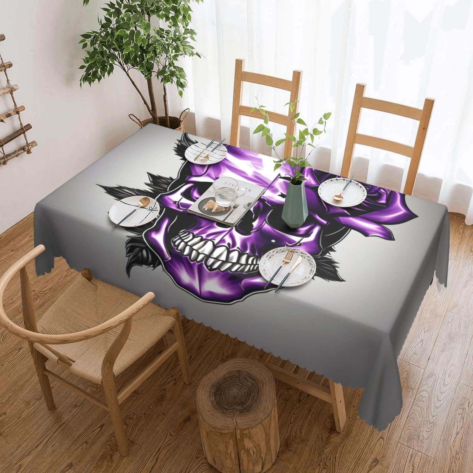 HLBSDM Purple Rose and Skull Print Rectangle Washable Tablecloth Decorative Table Cover for Dining Table Buffet Parties