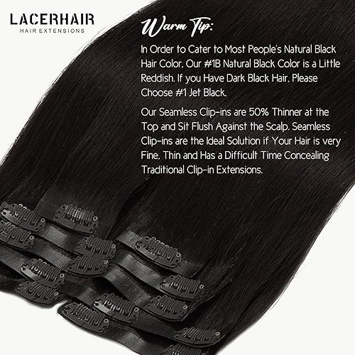 Miniatura 3 de Lacer Hair Glam - Extensiones de cabello humano con clip, sin costuras, color negro natural, extensiones de cabello humano de 20 pulgadas con clip