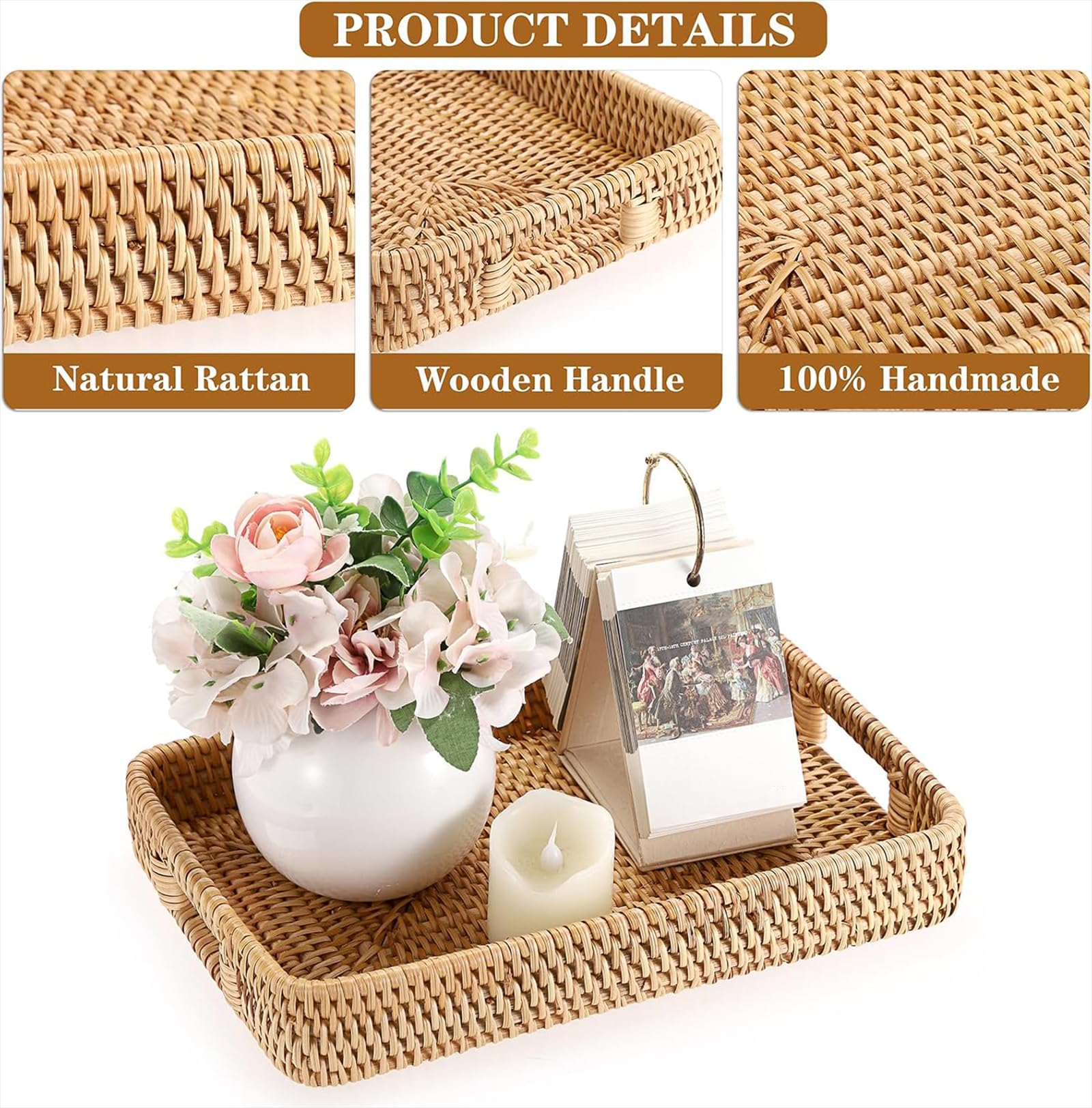 Bandeja decorativa de ratán con asas para servir bebidas, desayuno y té, ideal para decoración del hogar y exhibición de velas
