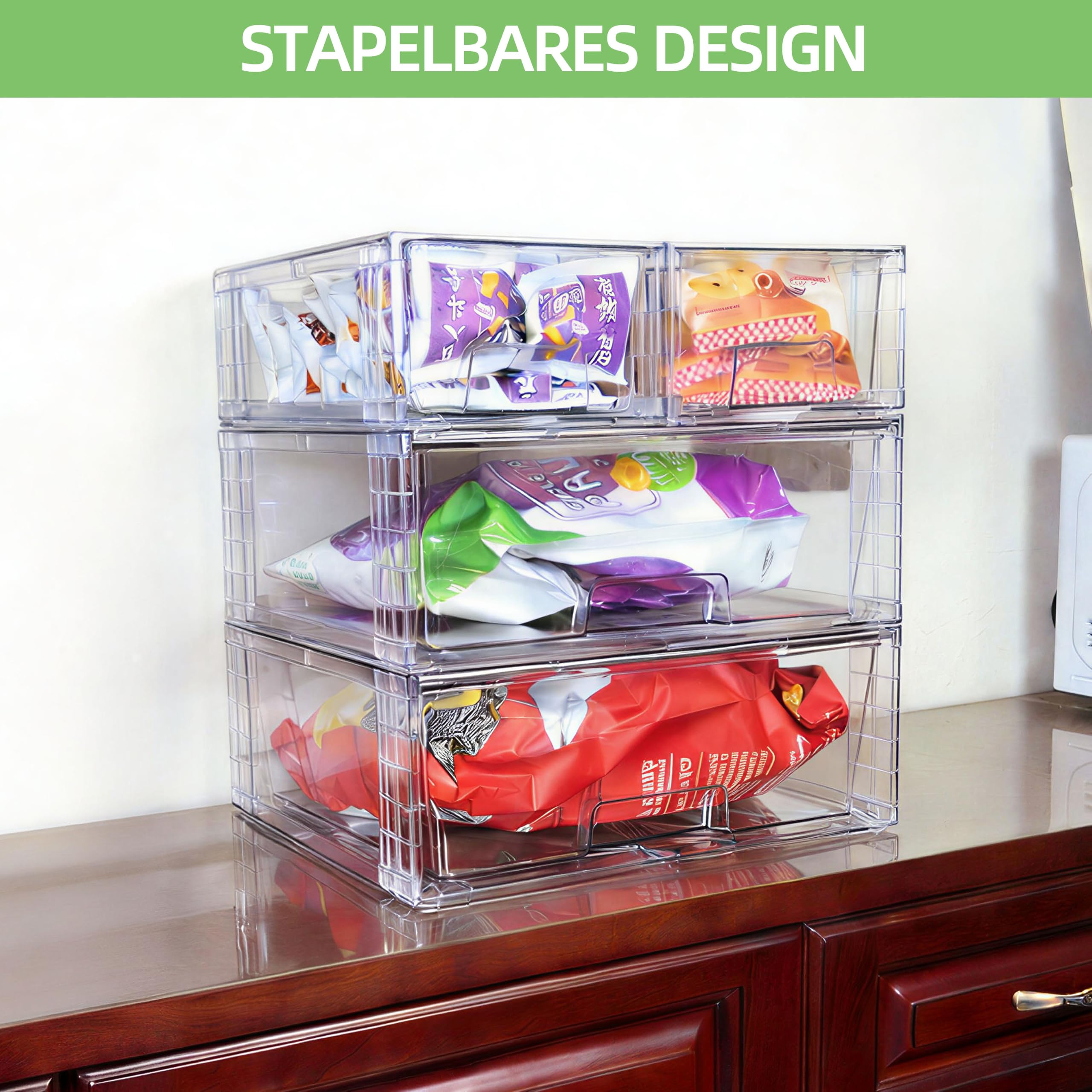 3er Set Breite Stapelbare Aufbewahrungsschubladen für Bad und Küche, Hochfeste Klare Acryl Organizer mit Griffen Einfach Zu Montierende Kunststoffboxen für Kühlschrank Schrank und Speisekammer