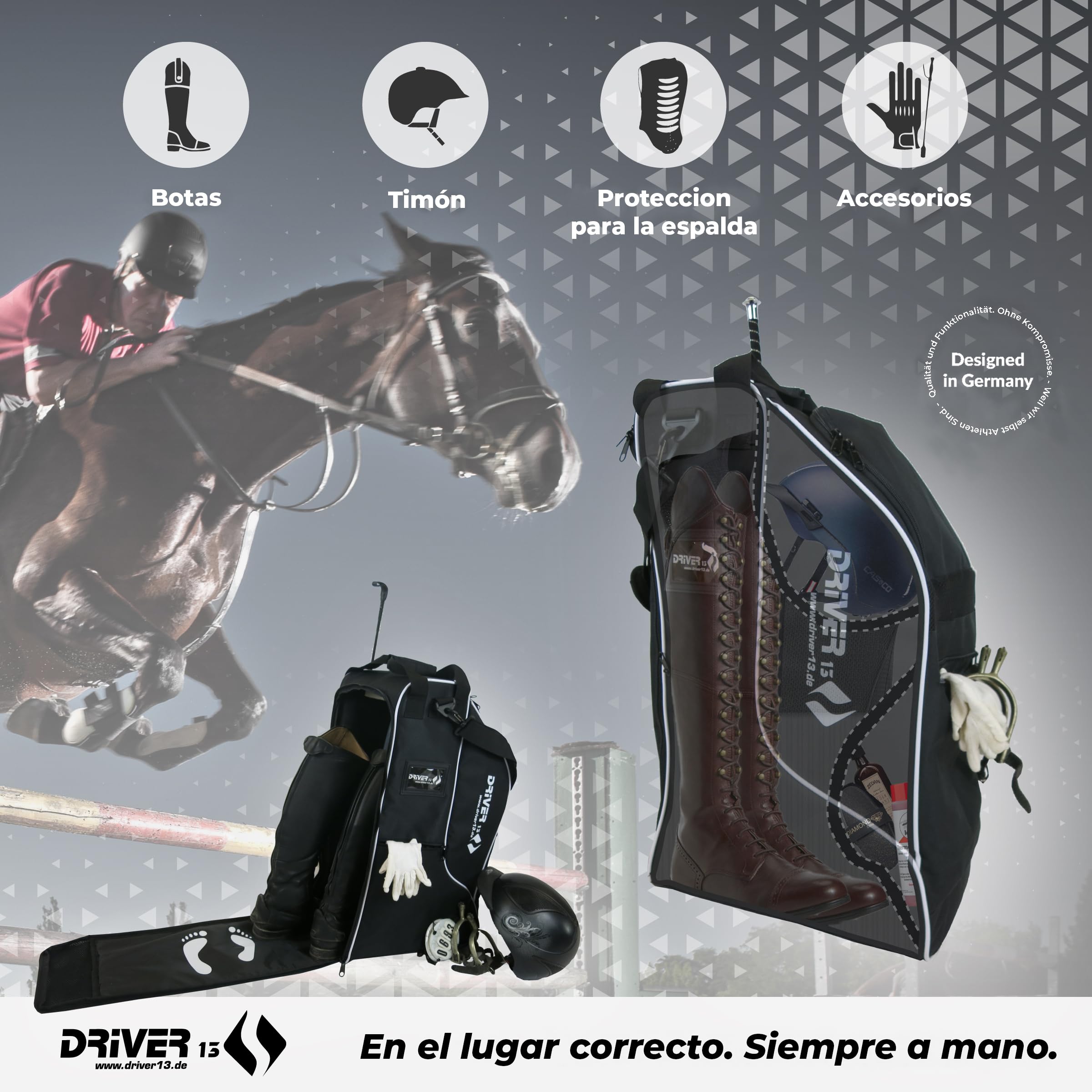 Driver13 Bolsa para Botas de equitación o Mochila para Botas de equitación Deluxe con Compartimento para Casco para Botas de equitación (Bolsa para Botas de equitación Negra)