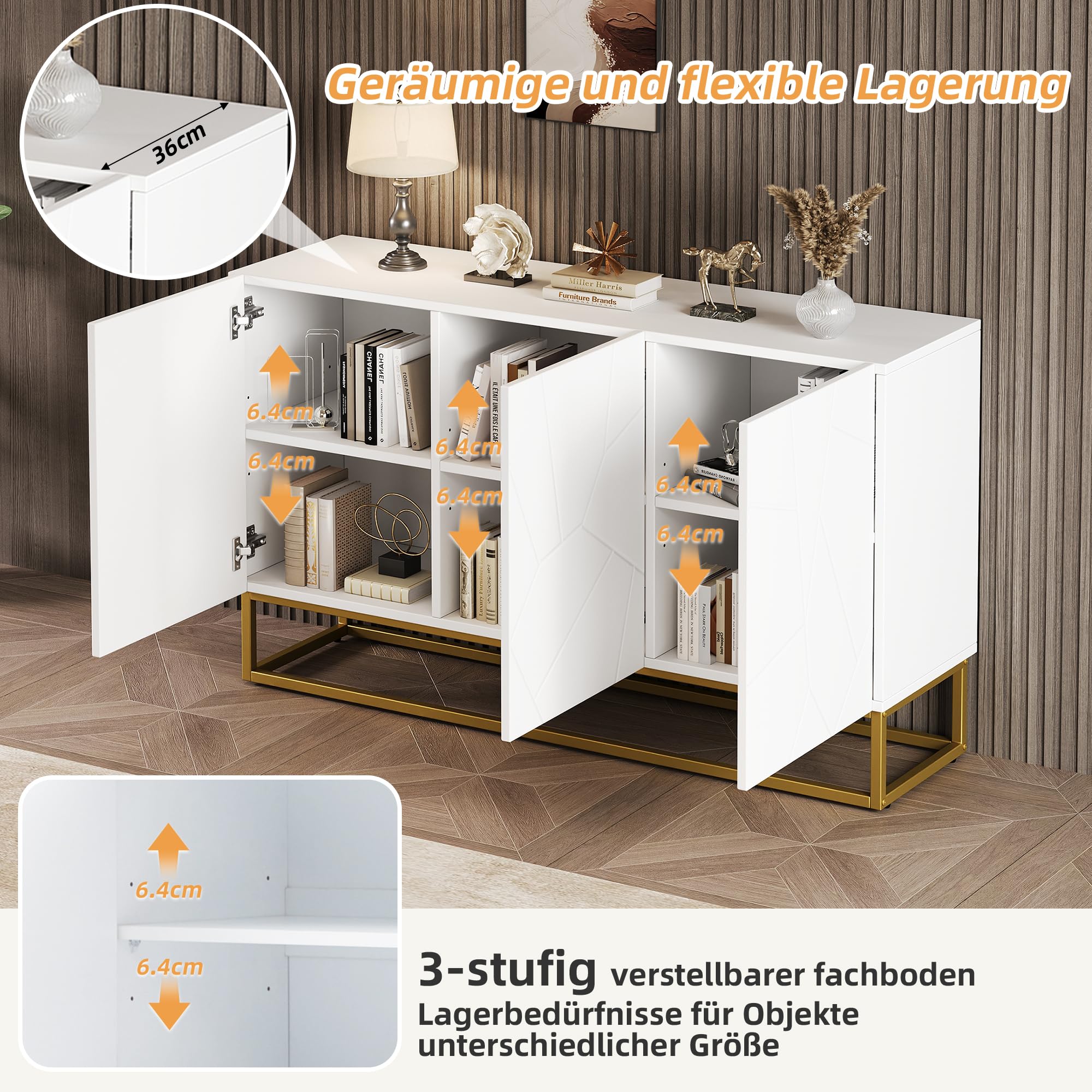 Merax Sideboard 130cm Breit, Moderne Küchenschrank mit 3 Türen, Hochglanz Buffetschrank mit Verstellbare Ablage, Küchenbuffet mit Designtüren, Metallbeinen, für Wohnzimmer Esszimmer Flur Eingang, Weiß