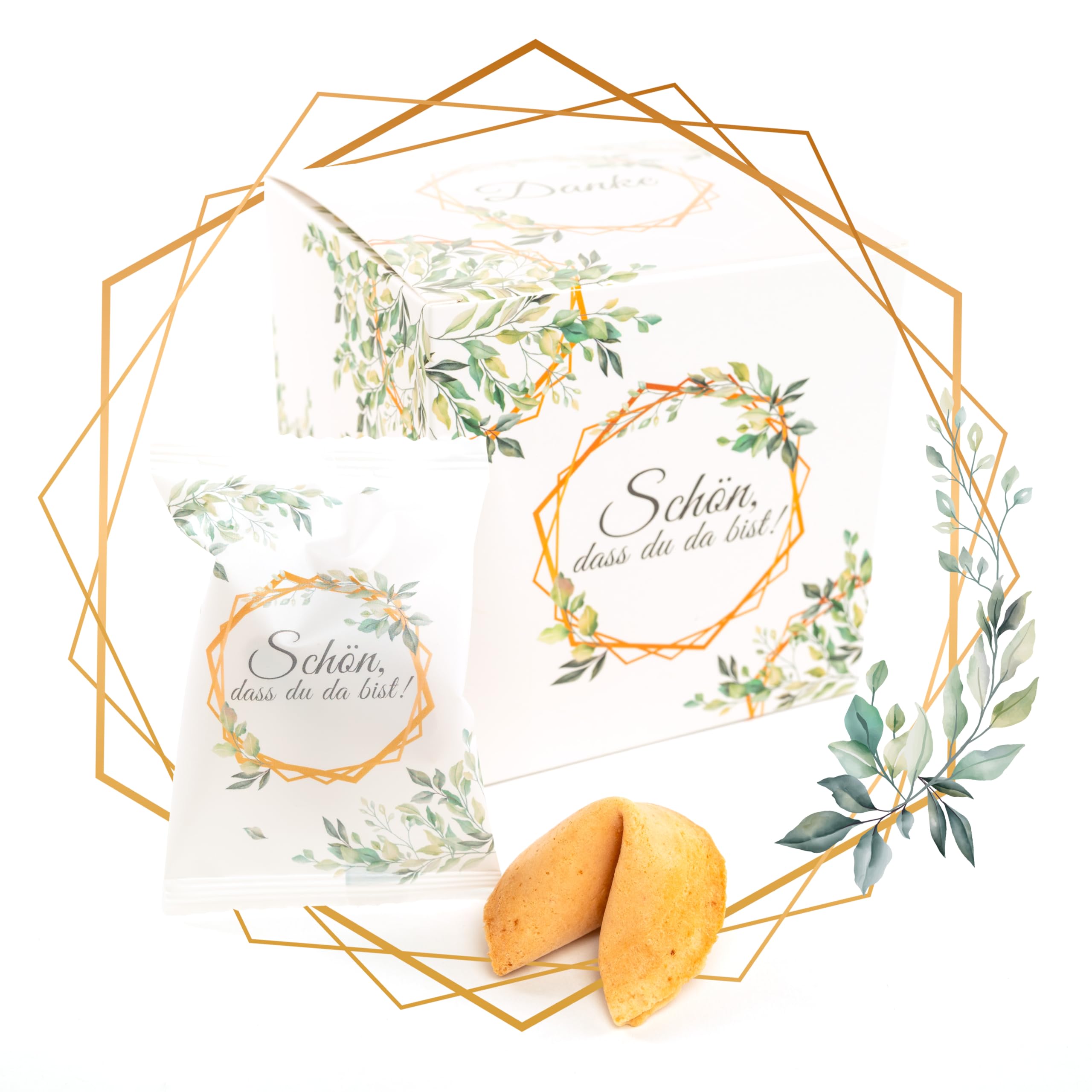 Lucky Treats - Schön, dass du da bist Glückskekse Weiß Eukalyptus - 12er Box - Mit liebevollen Botschaften auf Deutsch und Englisch - Gastgeschenke für Hochzeit & Taufe- Made in Germany
