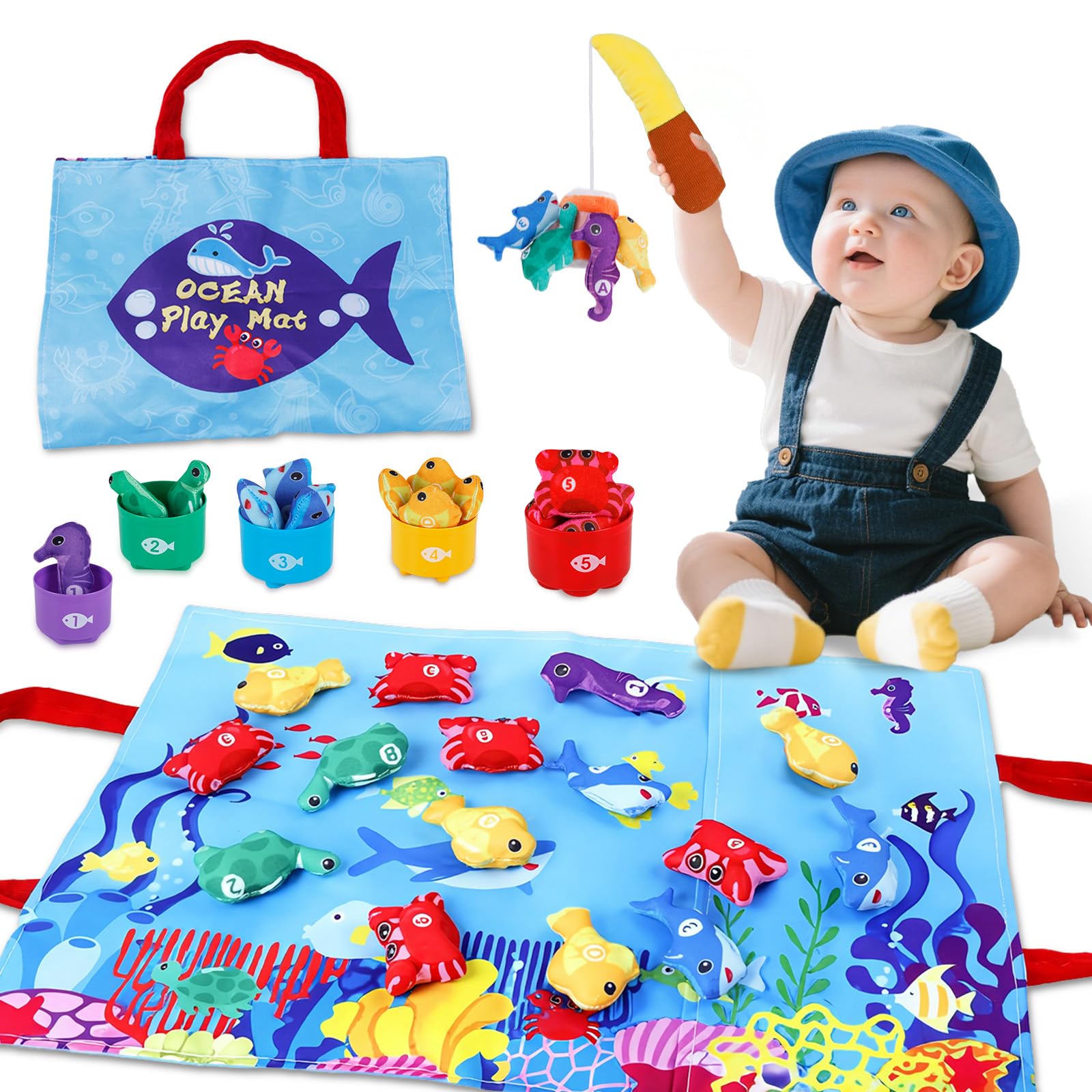 Juguetes Niños 1 Año Montessori, Pescar Juguete, Juego de Pescador, 15 Piezas Juego Pesca de Tela con Taza Apilables, Almacén Bolsa, Educativos Juguetes Bebes 6-12 Meses, Regalo Bebe 1 2 Año