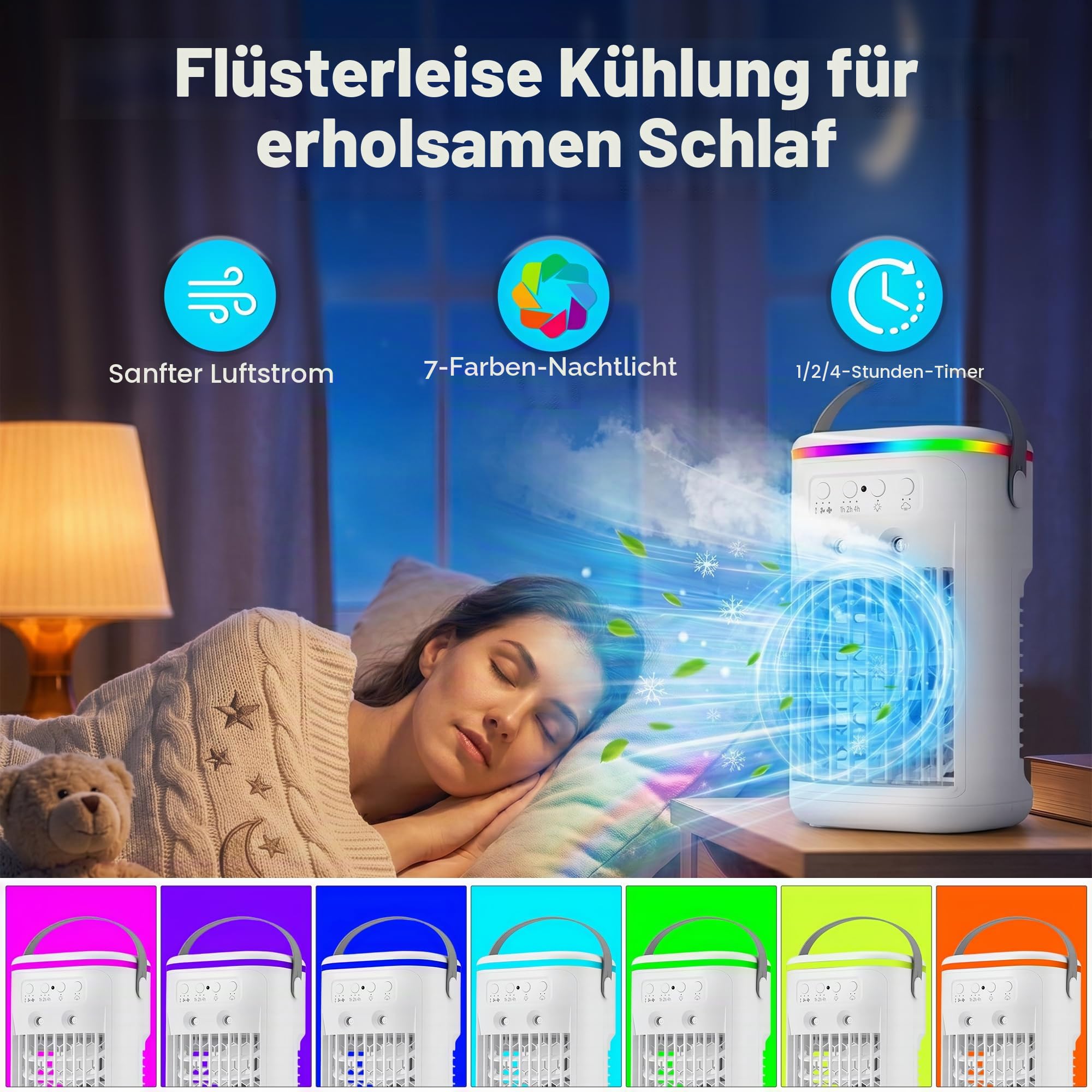 Mini Klimaanlag, 4 in 1 Mobile Klimaanlage ohne Abluftschlauch, Luftkühler mit Wasserkühlung, 3 Geschwindigkeiten & 2 Nebelmodi, Leiser USB Luftkühler mit 7 Farben LED für Zimmer Büro Schlafzimmer