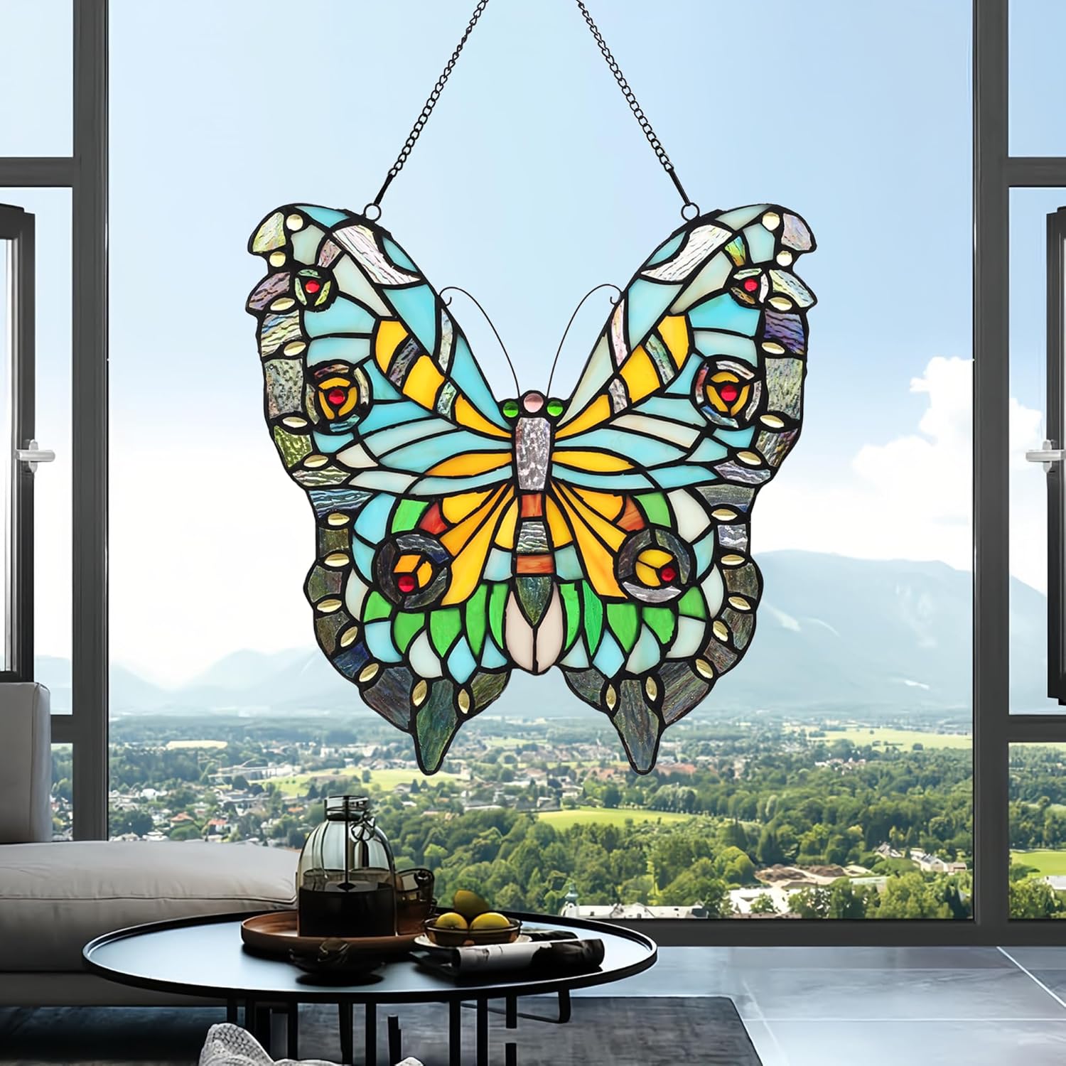 YOURANJU Butterfly Stained Glass Window Hanging Tiffany Style Handmade 12" Green Window Panel for Living Room Bedroom Kitchen Window Decoration Hangings with Chain