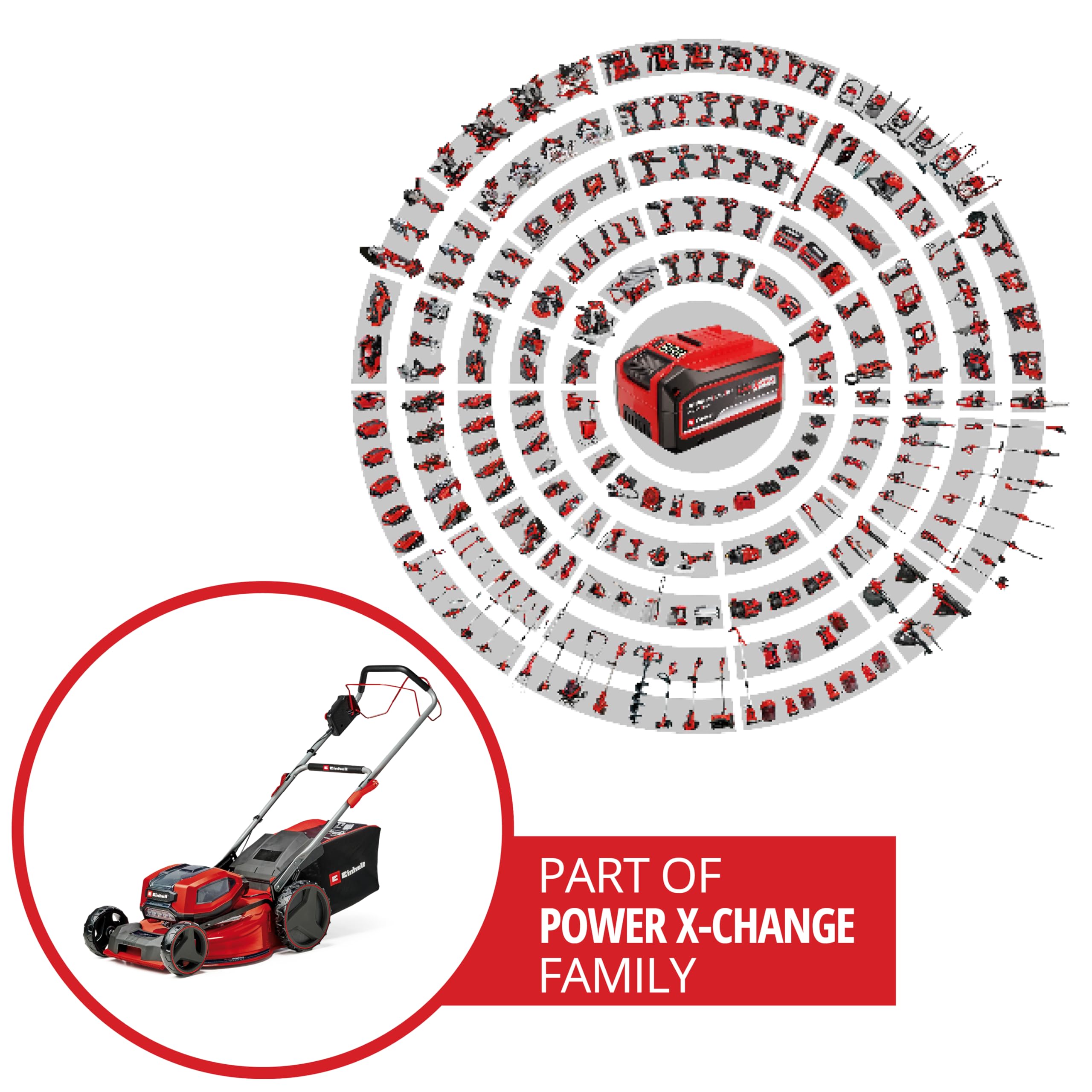 Einhell Kit cortacésped con batería GP-CM 36/52 S Li BL Power X-Change (36V, 52cm de Ancho de Corte, hasta 1200m2, sin escobillas, Cesta 65L, accionamiento de Ruedas, Incl. 4X5,2Ah + 2 Twincharger)