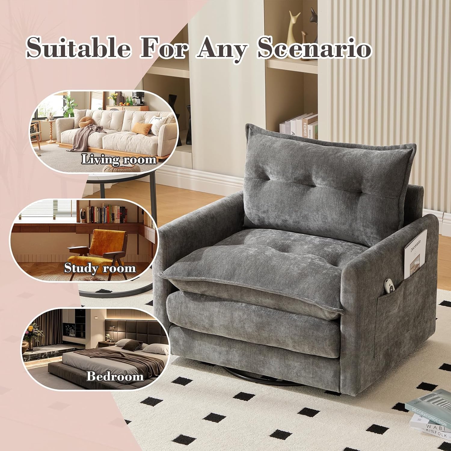 Oversized 360° Swivel Accent Armchair, Nursing Chair and a Half with Side Pockets and Wide armrest, Solid Metal Base, Comfortable Single Sofa Chair for Living Room,Bedroom, Reading Room (Gray)