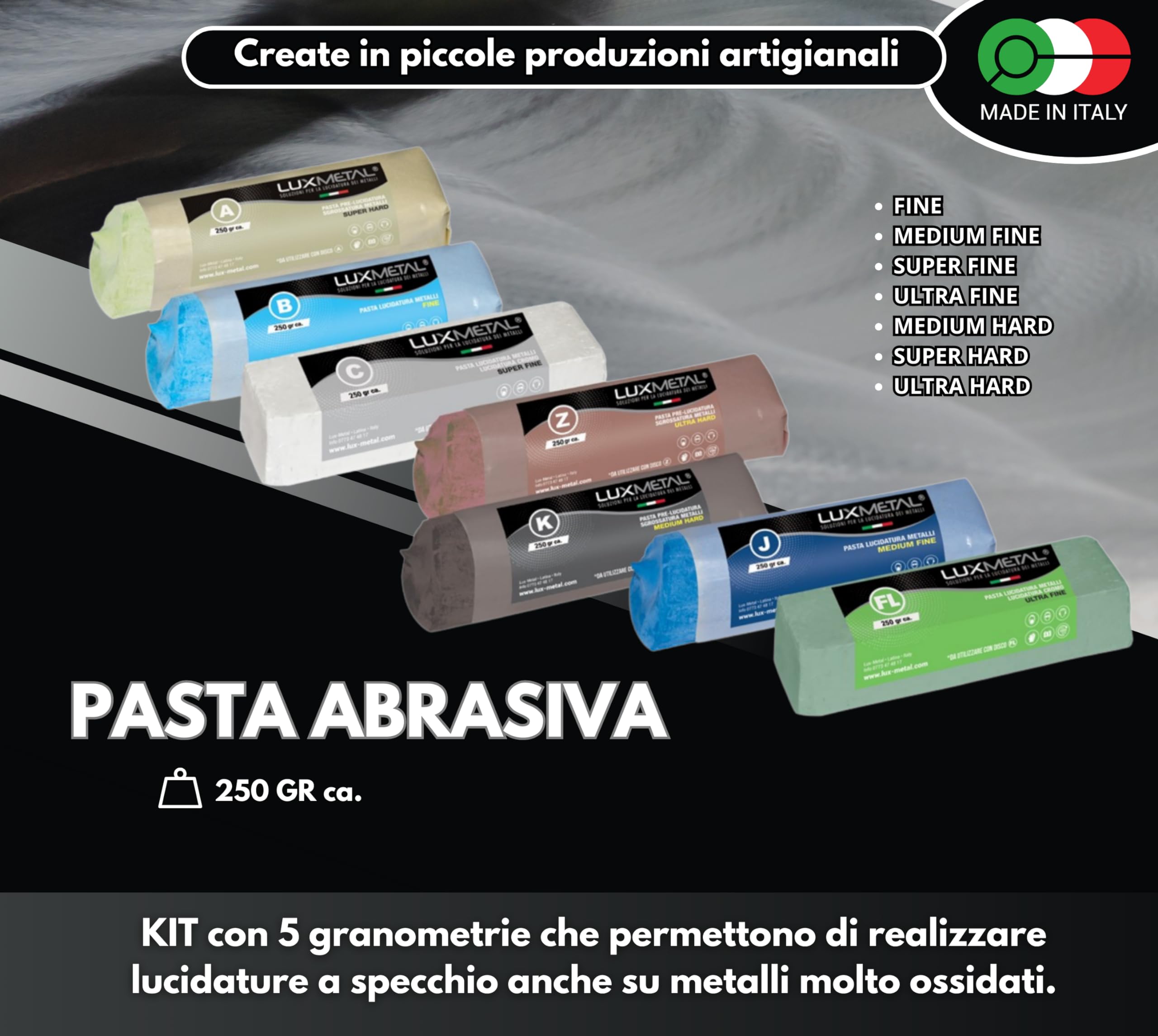 Lux Metal - Kit 7 Disco Lucidante 100 mm e 7 Pasta Abrasiva Lucidante 250 gr + Supporto Trapano - Per Alluminio, Ferro, Acciaio Inox, Bronzo, Marmo - Ruota Lucidatura Metalli Mola Smerigliatrice