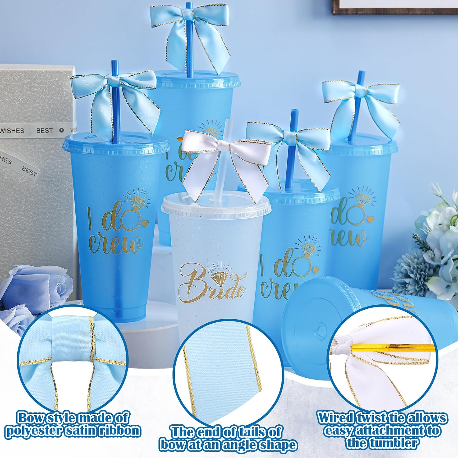 8 Pcs Bridesmaid Plastic Tumbler with Straw Lid and Twist Bow 24 oz I Do Crew and Bride Reusable Tumbler Bridal Party Proposal Gifts Bachelorette Party Gifts for Wedding Bridal Bridesmaid(Light Blue)