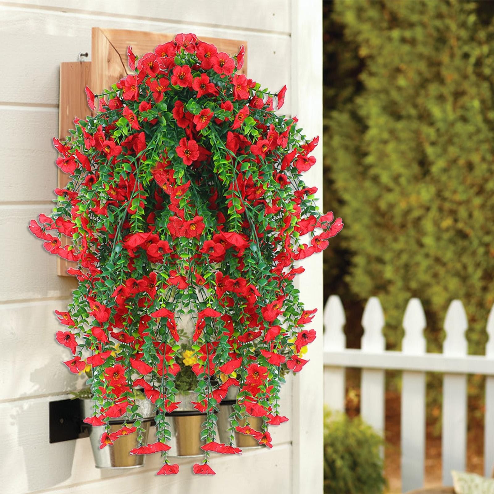 Artificial Hanging Flowers Outdoor - UV-Resistant Fake Artificial Hanging Plants Bouquet Trailing Wall Flower Baskets for Wall Home Garden Yard Wedding Indoor Outdoor Decoration (Red)