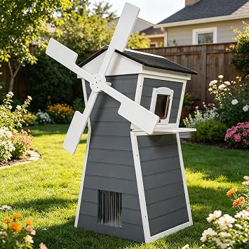 Outdoor Cat House Weatherproof, 55" H Wooden Feral Cat Shelter with Viewing Platform and Windmill Blades, Ideal for Garden Decor