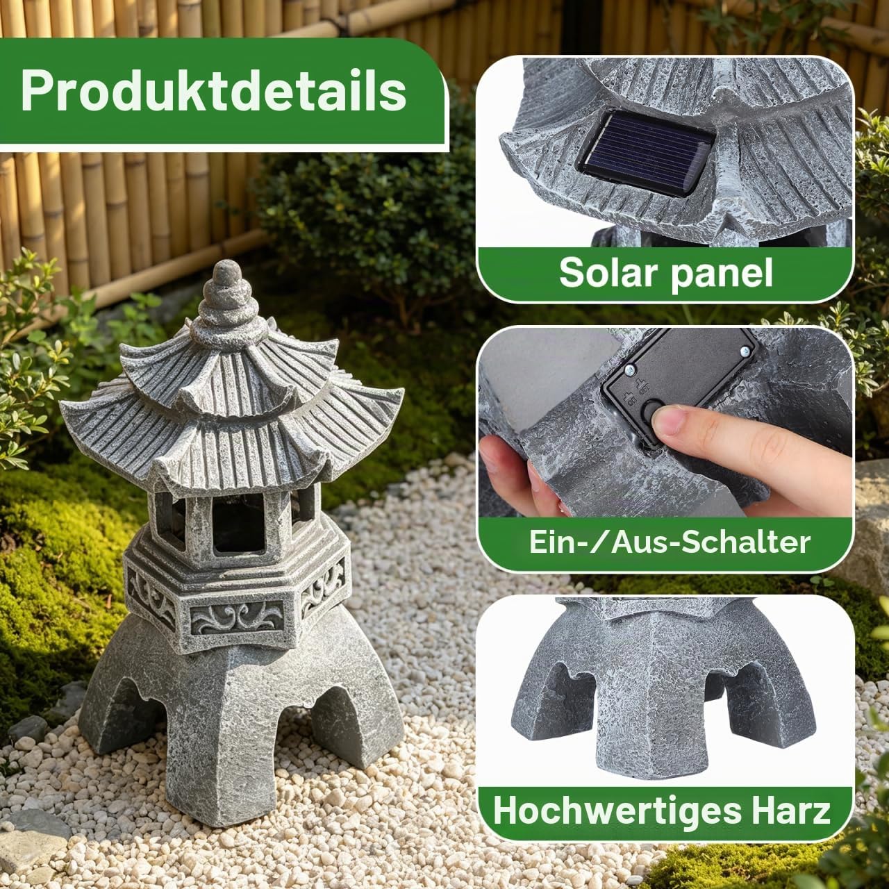 BESPORTBLE Solarbetriebene Japanische Zen Gartenlampe, Wetterfeste Deko Skulptur FüR AußEnbereich, Solar Rasenleuchte FüR Gartenweg Und Landschaftsbeleuchtung