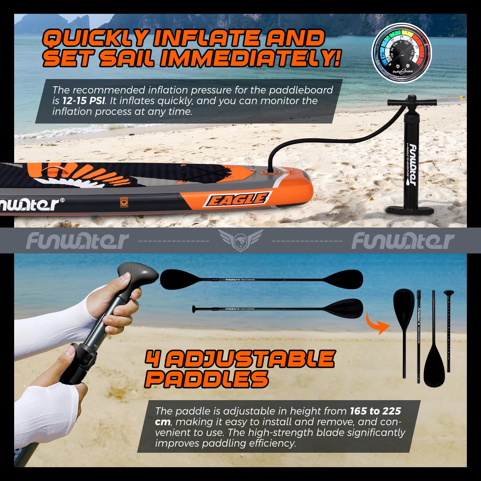 FunWater SUP Gonfiabile Stand Up Paddle Board Tavole da SUP Gonfiabili Adulti Tavola da Surf con Accessori Pompa a Mano,Pagaia,3 Pinne