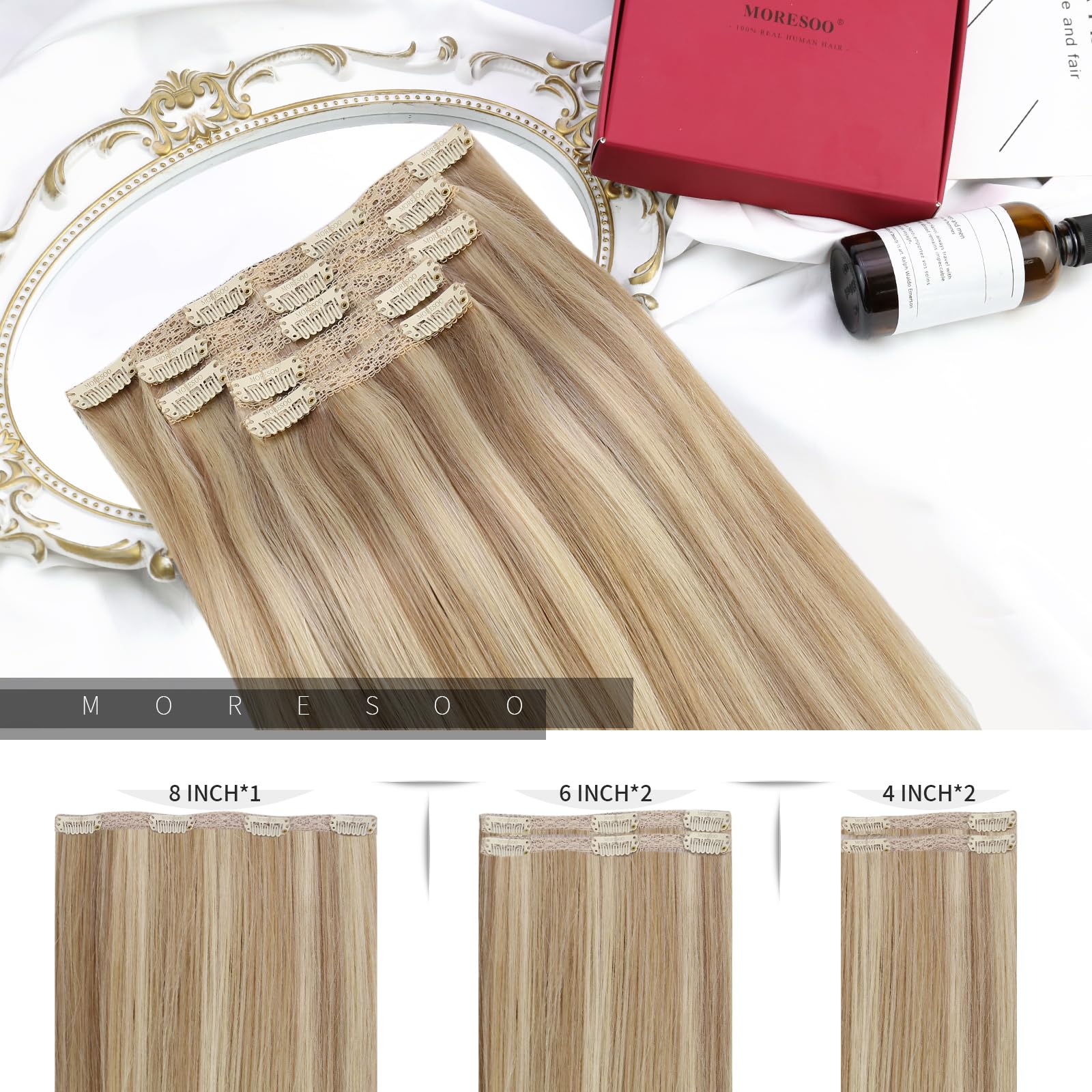 Moresoo Clip in Hair Extensions Real Human Hair 20 Inch Dark Honey Blonde with Medium Blonde Human Hair Clip in Extensions Real Remy Straight Hair for Adding Volume 5pcs/80G #16/22 - Image 3