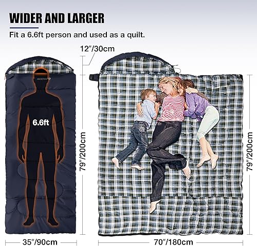 Vista 67 de REDCAMP Saco de dormir de franela para adultos, cómodos sacos de dormir de algodón para acampar con capucha desmontable, rojo/gris/azul