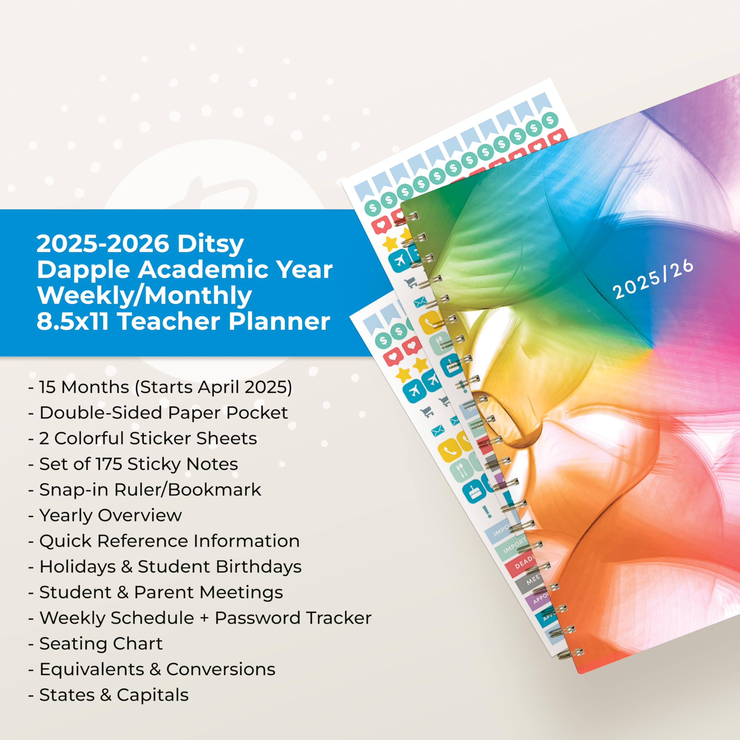 Blue Sky 15-Monats-Planer für 2025-2026, Wochen- und Monats-Lehrer-Unterrichtsplaner, April 2025-Juni 2026, 21,6 x 27,9 cm, fester Einband, Spiralbindung, laminierte Reiter, Aufbewahrungstasche,