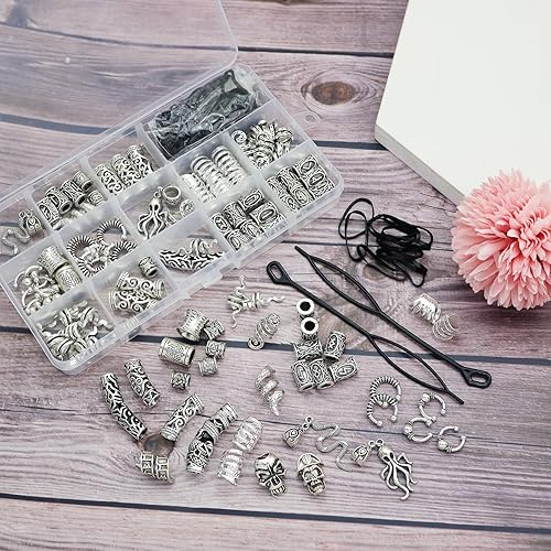 Miniatura 5 de 207Pcs Viking Hair Jewelry Nordic Runes Tube Beads,Accessories Kit for Braids Dreadlock Beard Locs,Metal Clips Cuff Rings,Braiding Beard Decoration