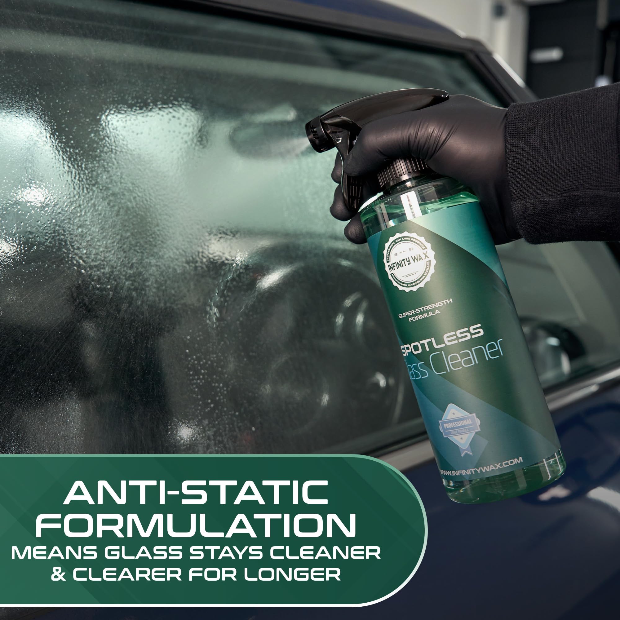 Infinity Wax Streak-Free Glass Cleaner 1L - Limpiador de Cristales de Coche sin Rayas, antiestático, Secado rápido, Elimina Huellas, Grasa y película de vapeo, Interior y Exterior.