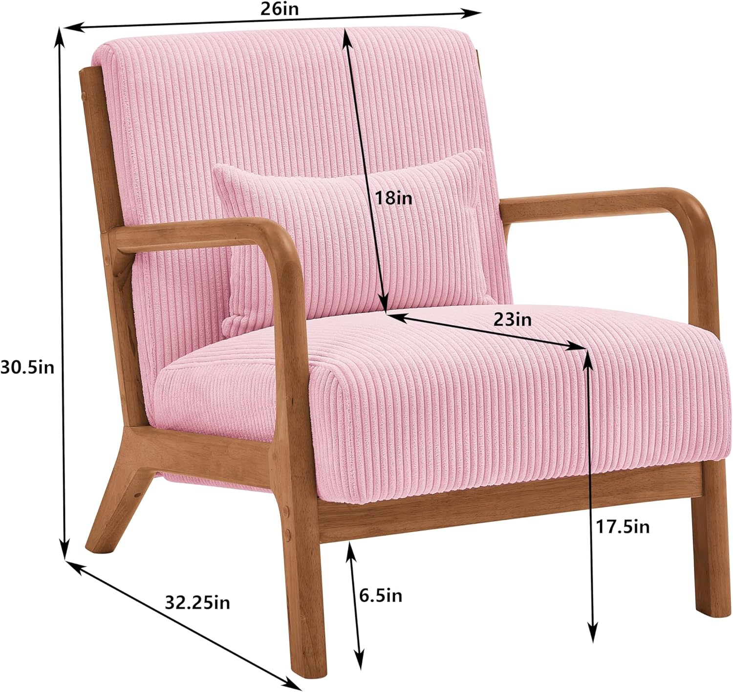 Mid-Century Accent Chair, Modern Corduroy Upholstered Armchair, Living Room Chairs with Solid Wood Frame and Pillow, Lounge Chair for Read, Bedrooms, Apartments, Farmhouses (Apricot)