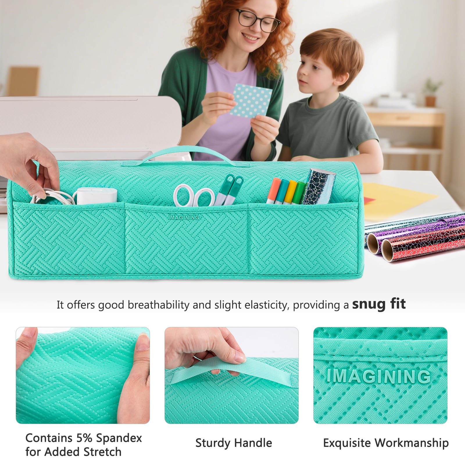 IMAGINING Housse anti-poussière rembourrée extensible et lavable compatible avec les machines Cricut Maker 3, Maker 4, Explore Air 2, Explore 3, Explore 4 – avec poches pour accessoires et